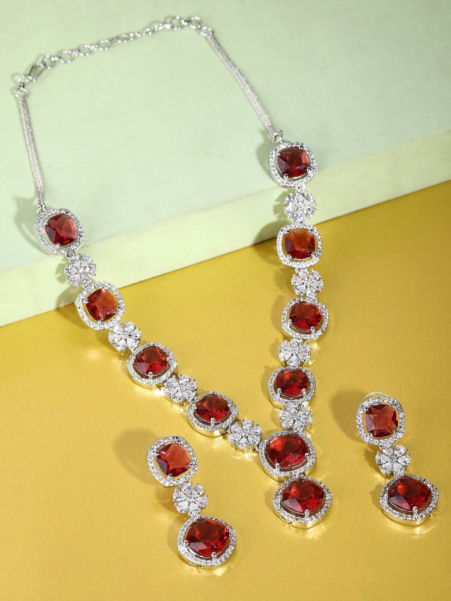 Rhodium Plated American Diamond Zircon Red Necklace Set For Women and Girls - Auraa Trends