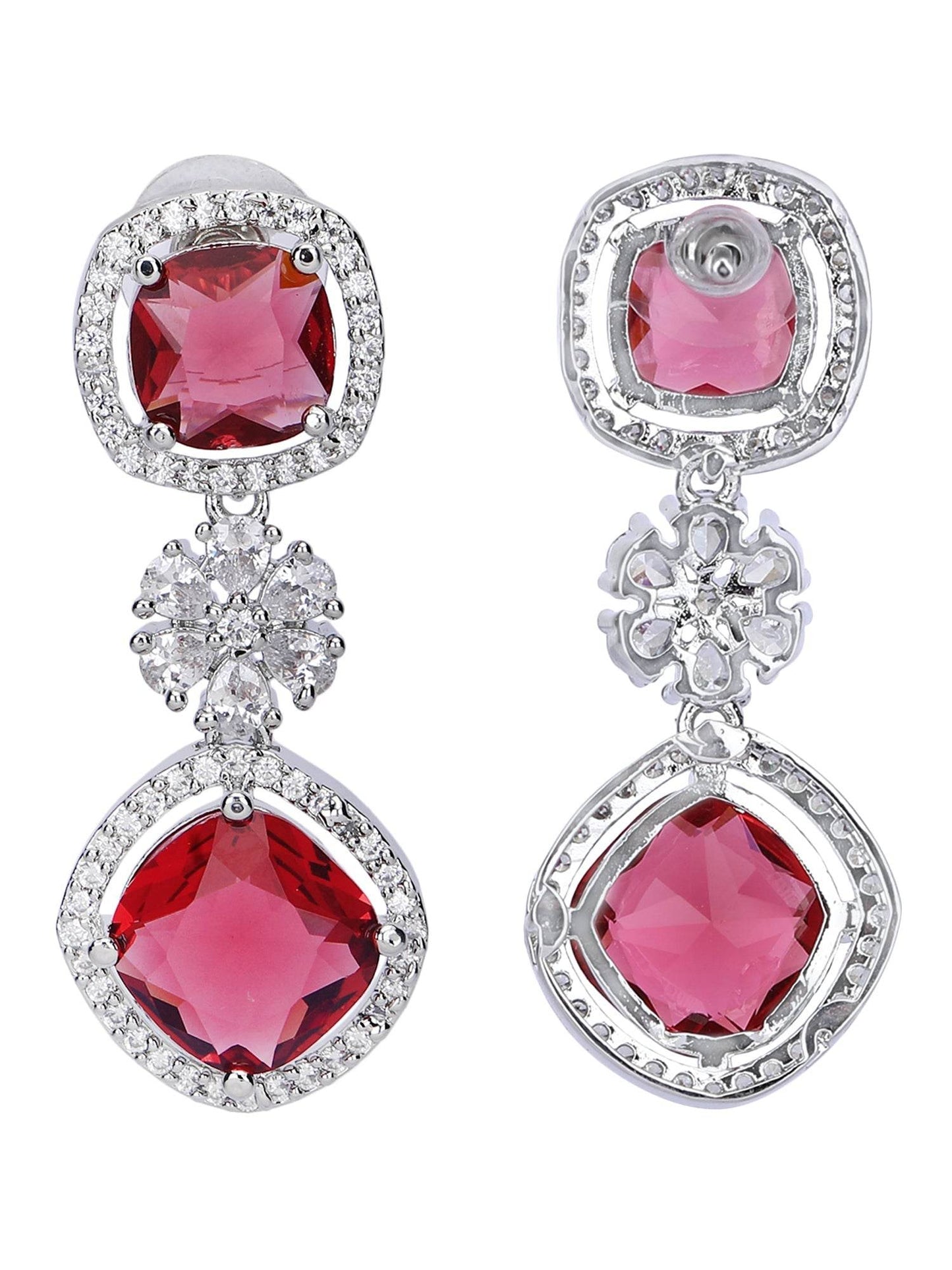 Rhodium Plated American Diamond Zircon Red Necklace Set For Women and Girls - Auraa Trends