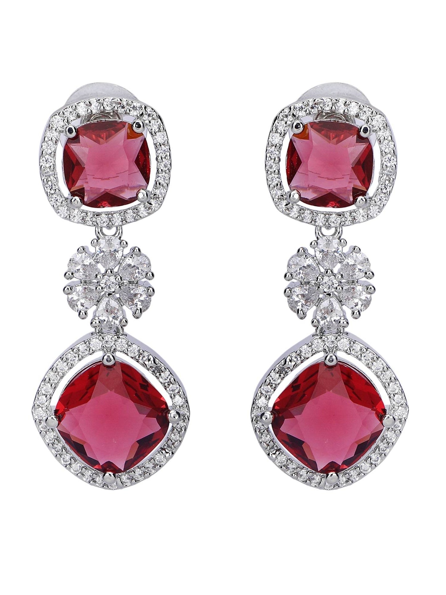 Rhodium Plated American Diamond Zircon Red Necklace Set For Women and Girls - Auraa Trends