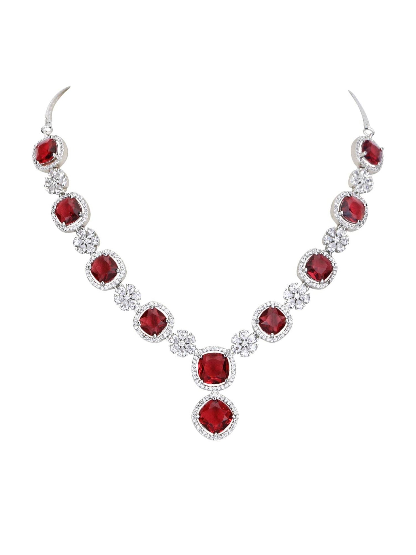 Rhodium Plated American Diamond Zircon Red Necklace Set For Women and Girls - Auraa Trends