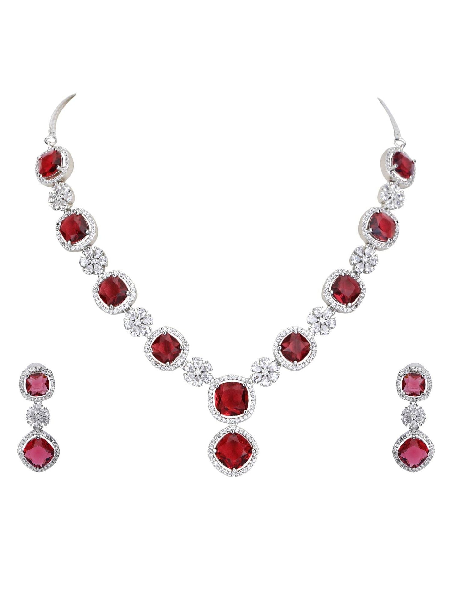 Rhodium Plated American Diamond Zircon Red Necklace Set For Women and Girls - Auraa Trends