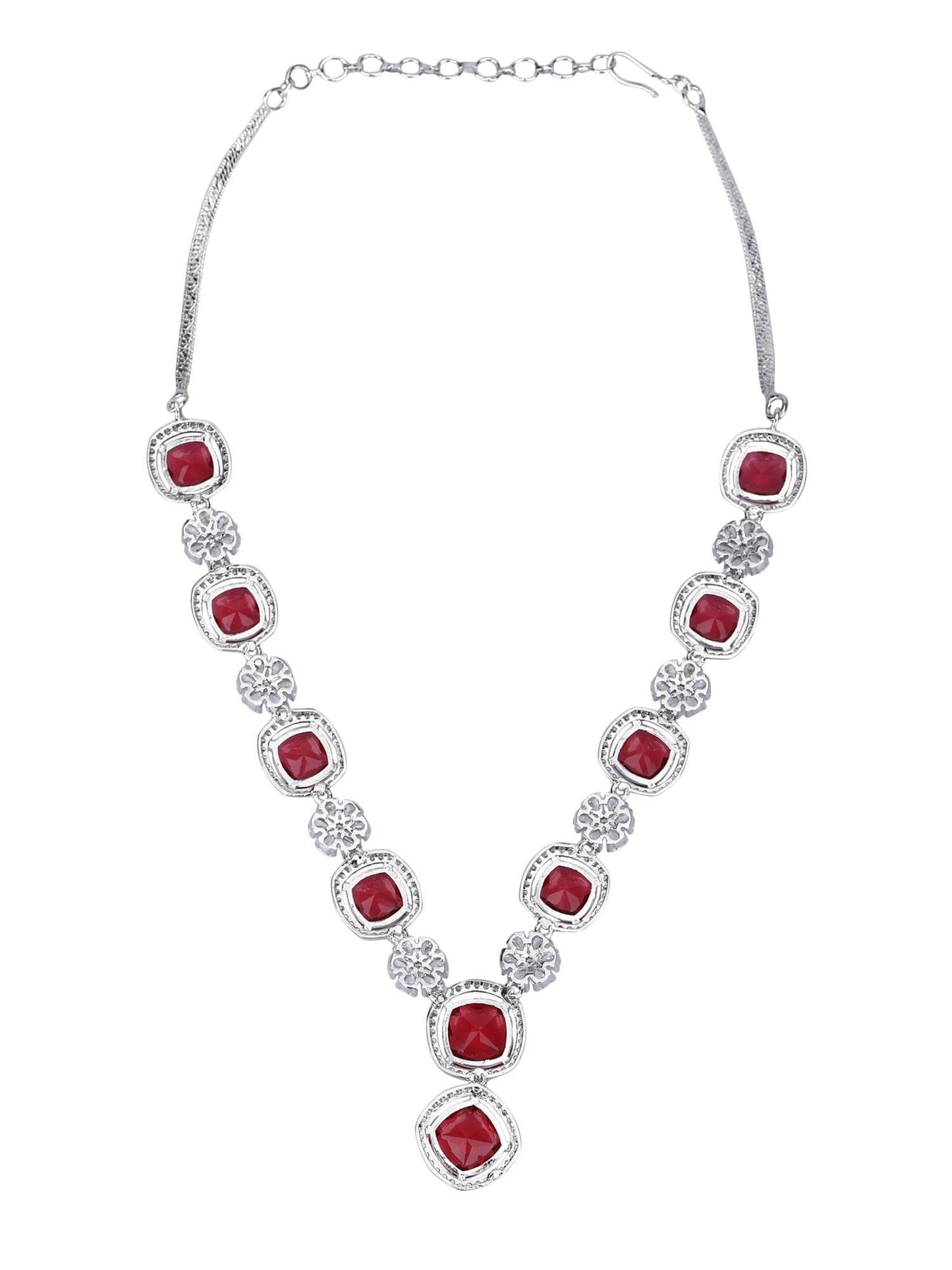 Rhodium Plated American Diamond Zircon Red Necklace Set For Women and Girls - Auraa Trends