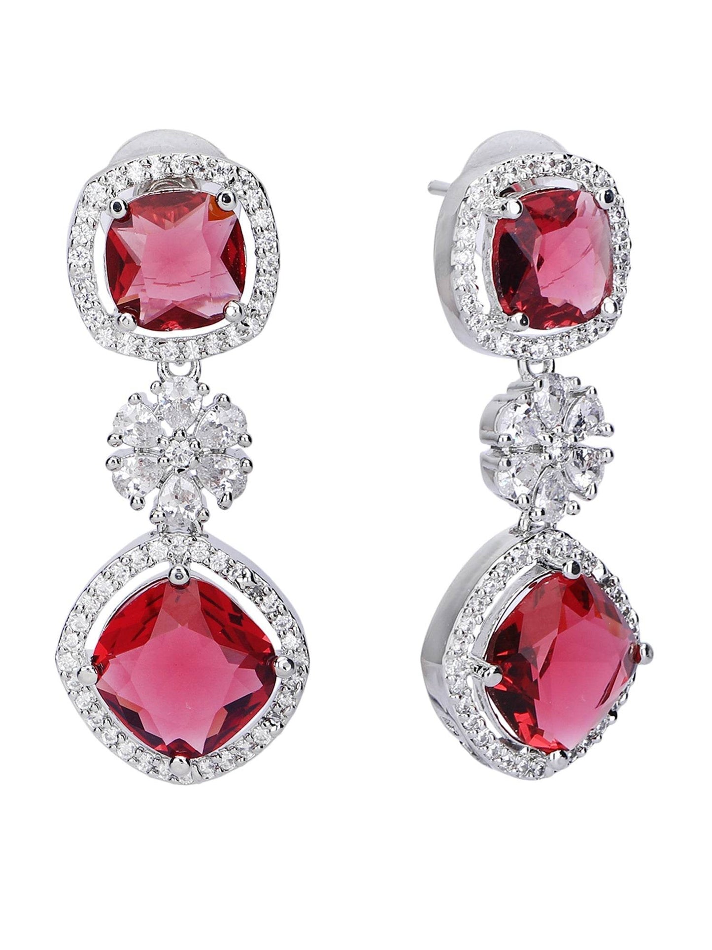 Rhodium Plated American Diamond Zircon Red Necklace Set For Women and Girls - Auraa Trends