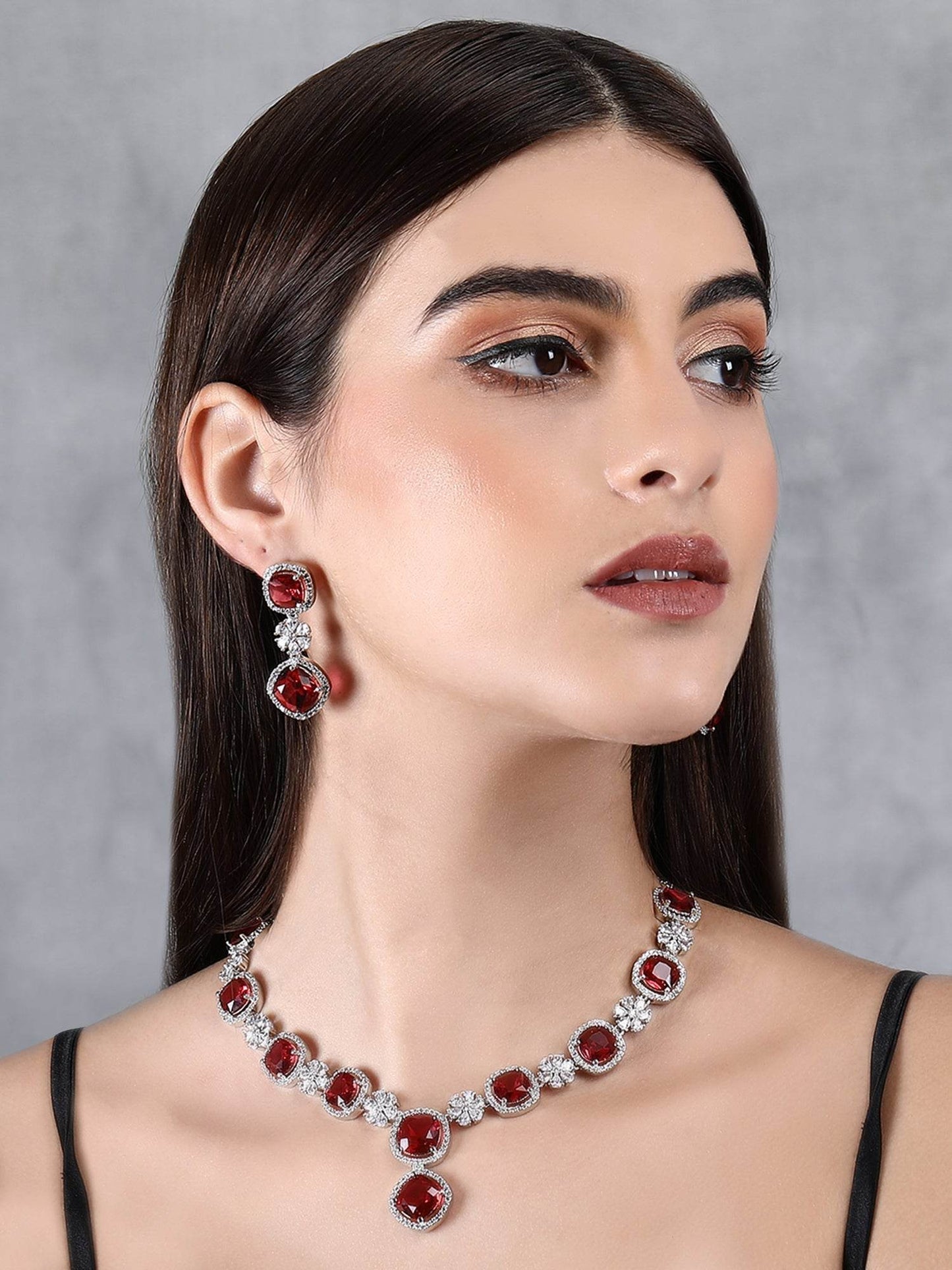 Rhodium Plated American Diamond Zircon Red Necklace Set For Women and Girls - Auraa Trends