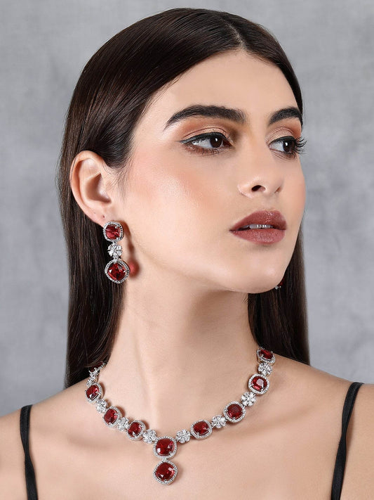 Rhodium Plated American Diamond Zircon Red Necklace Set For Women and Girls - Auraa Trends