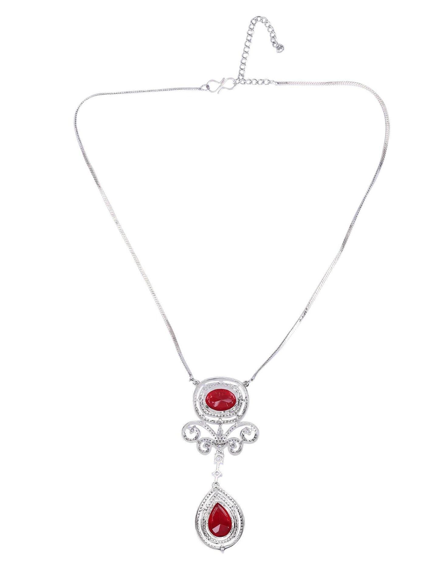 Rhodium Plated American Diamond Zircon Red Pendant Necklace set - Auraa Trends