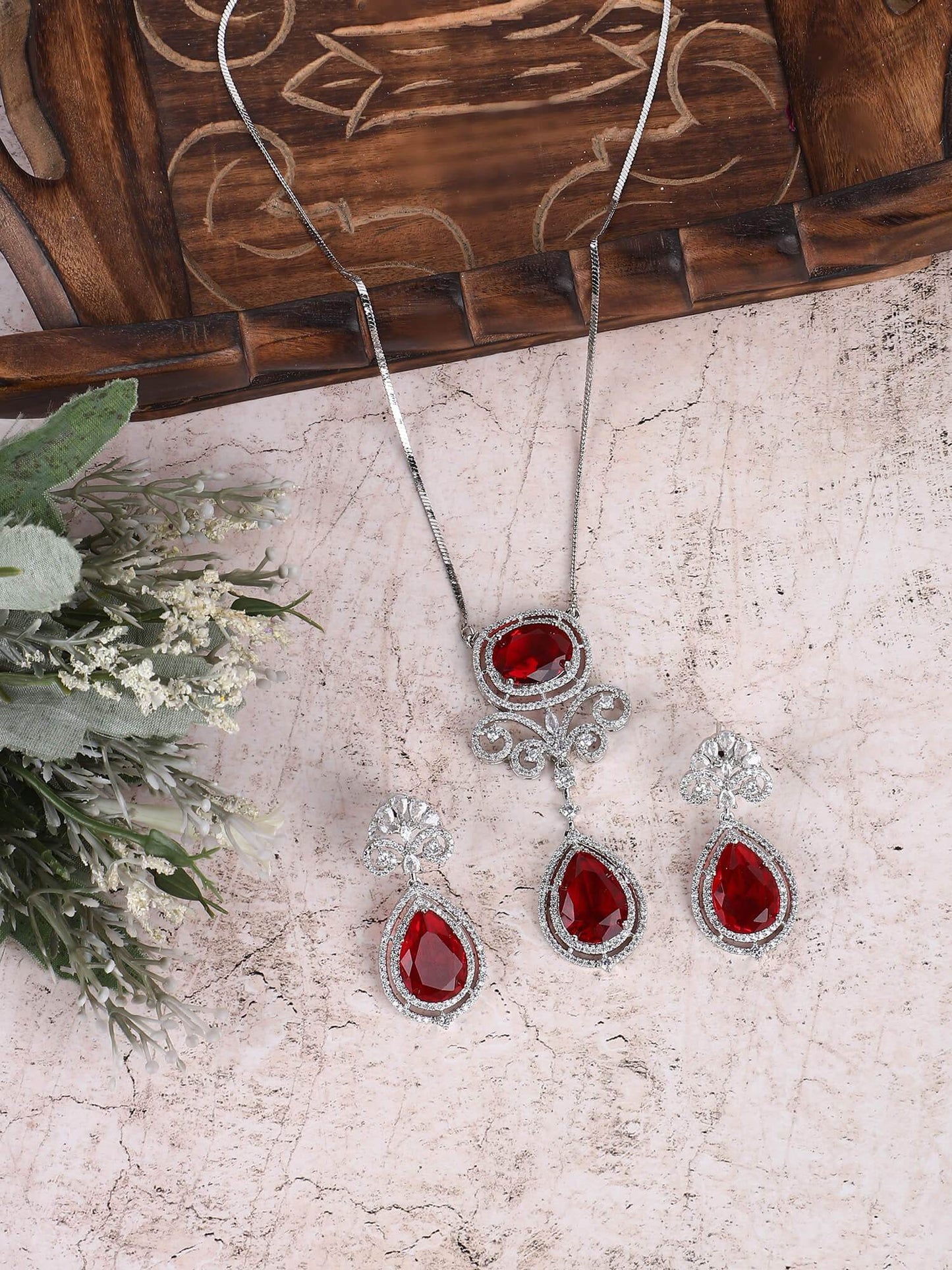 Rhodium Plated American Diamond Zircon Red Pendant Necklace set - Auraa Trends