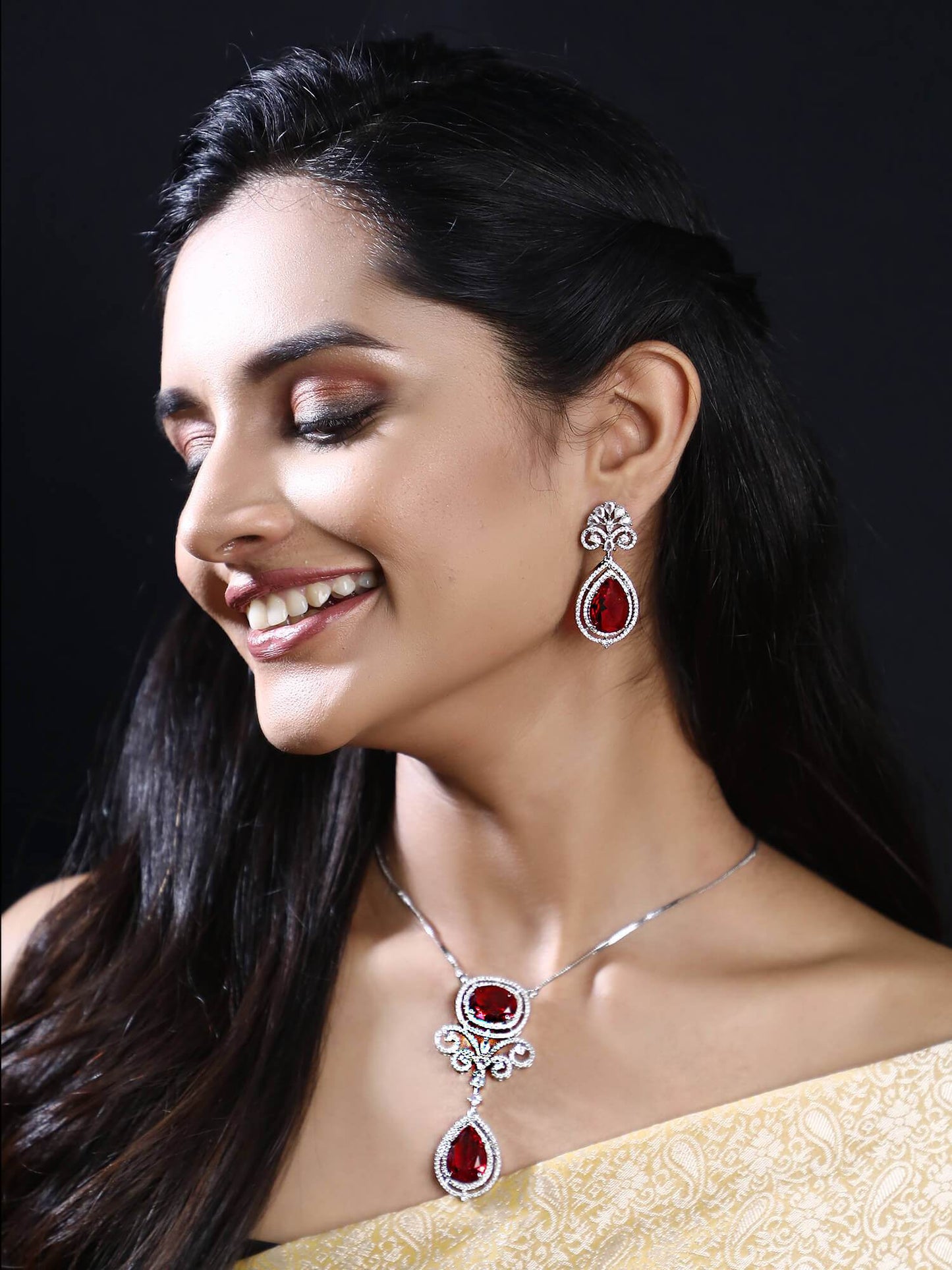 Rhodium Plated American Diamond Zircon Red Pendant Necklace set - Auraa Trends