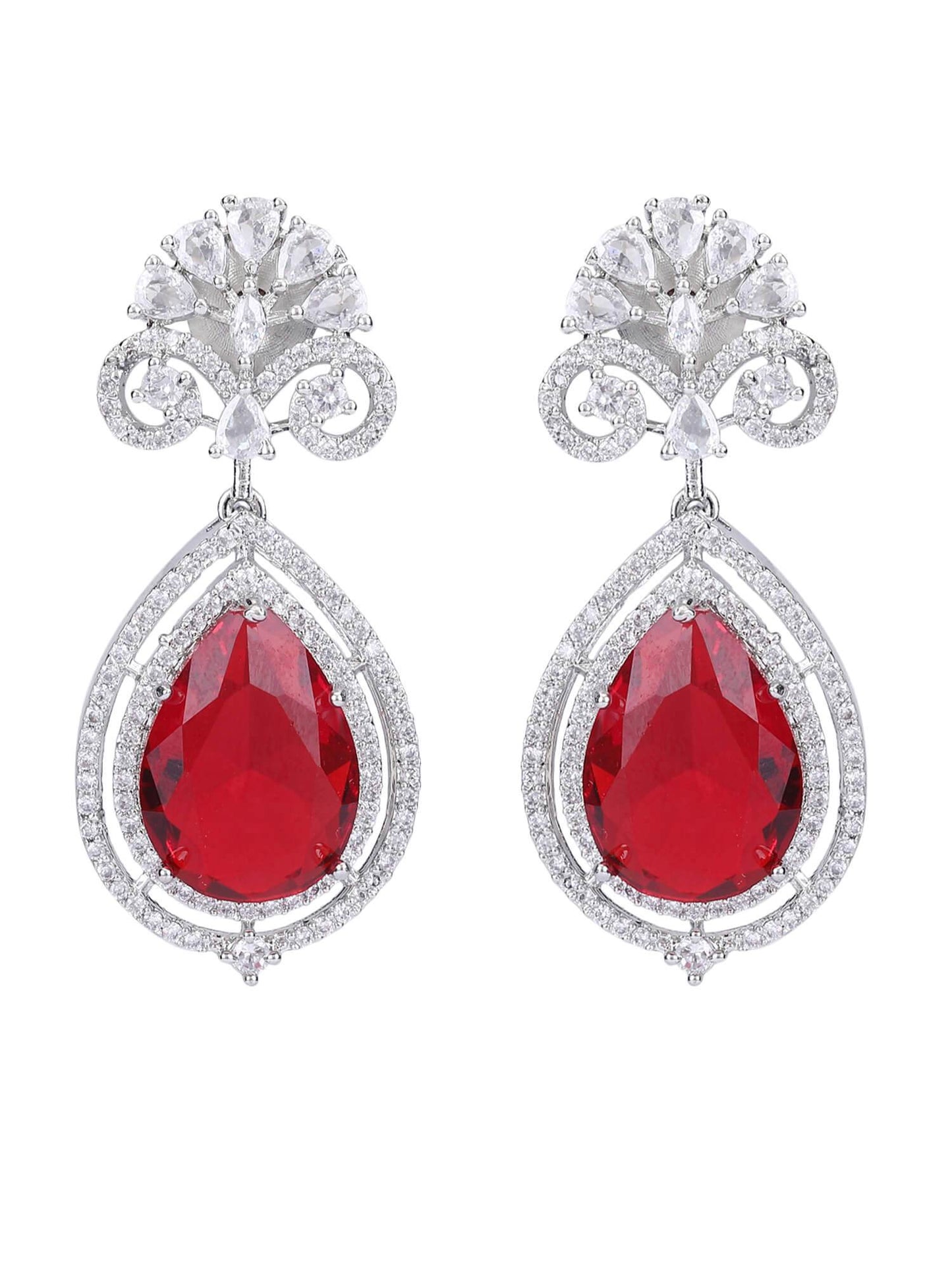 Rhodium Plated American Diamond Zircon Red Pendant Necklace set - Auraa Trends