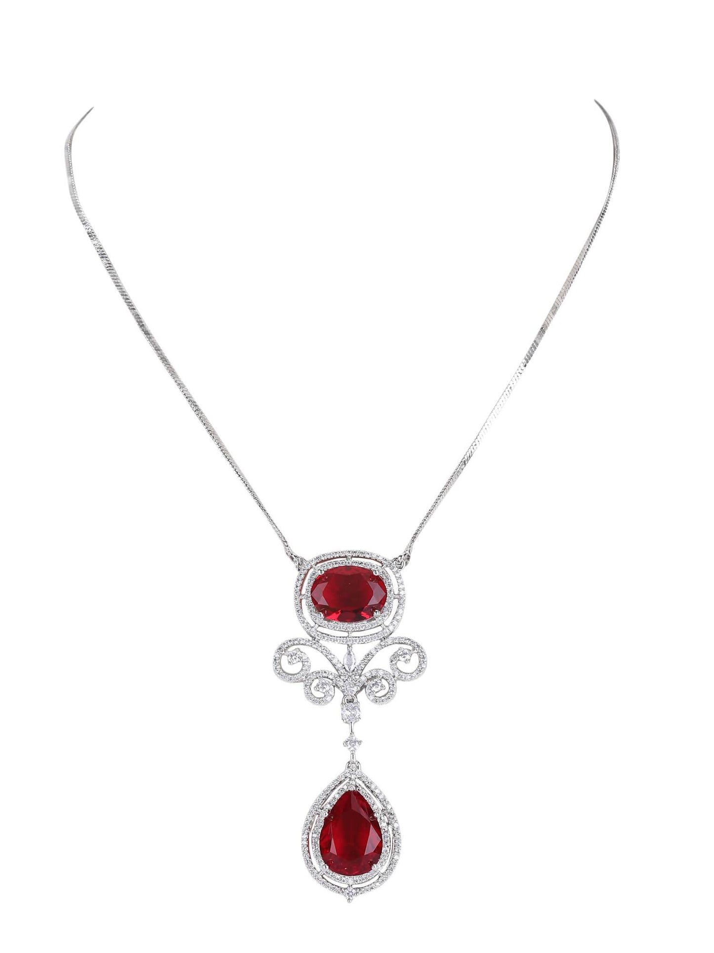 Rhodium Plated American Diamond Zircon Red Pendant Necklace set - Auraa Trends