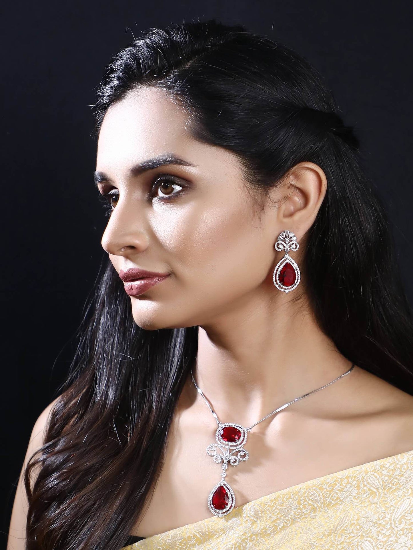 Rhodium Plated American Diamond Zircon Red Pendant Necklace set - Auraa Trends