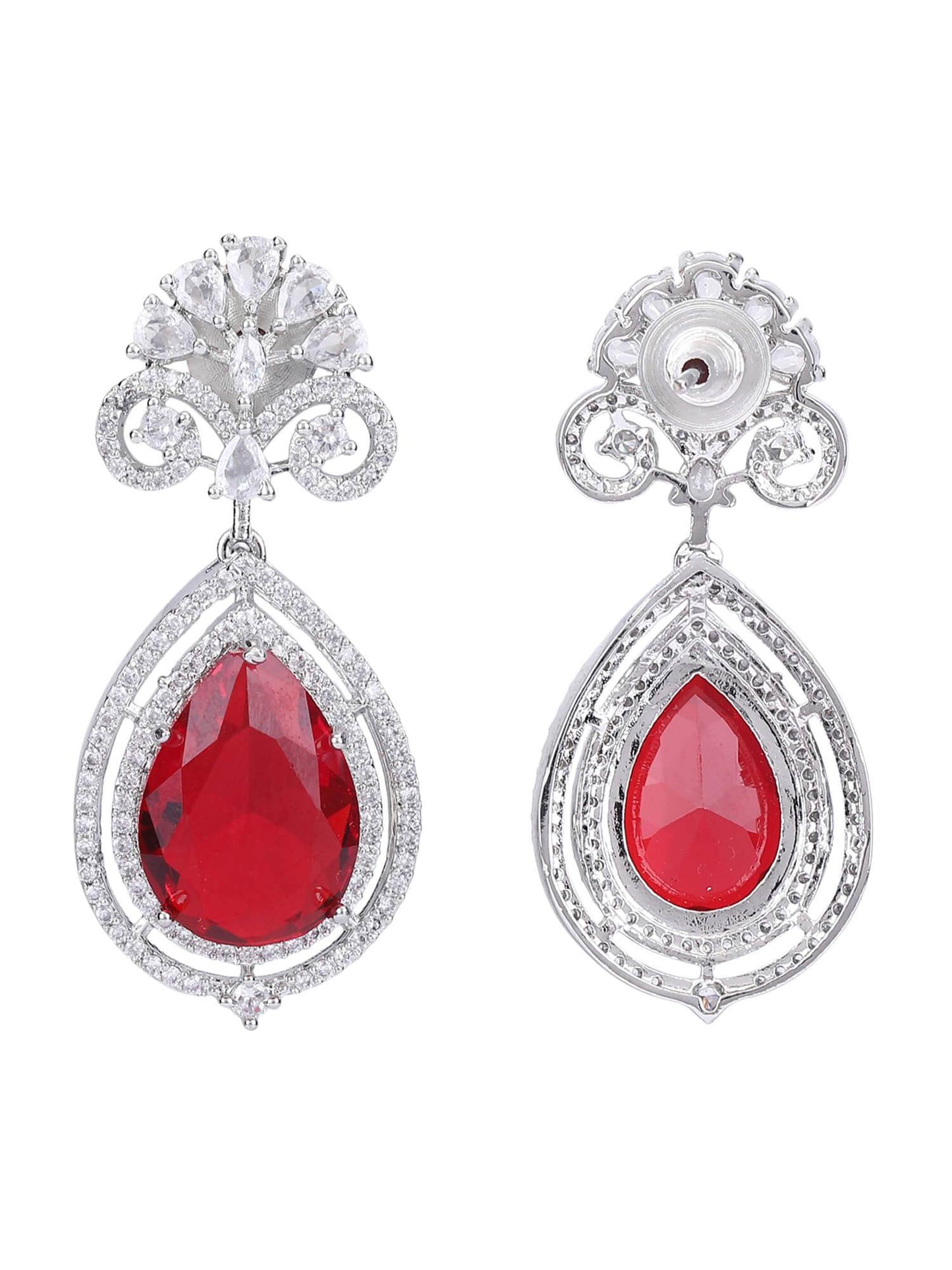 Rhodium Plated American Diamond Zircon Red Pendant Necklace set - Auraa Trends