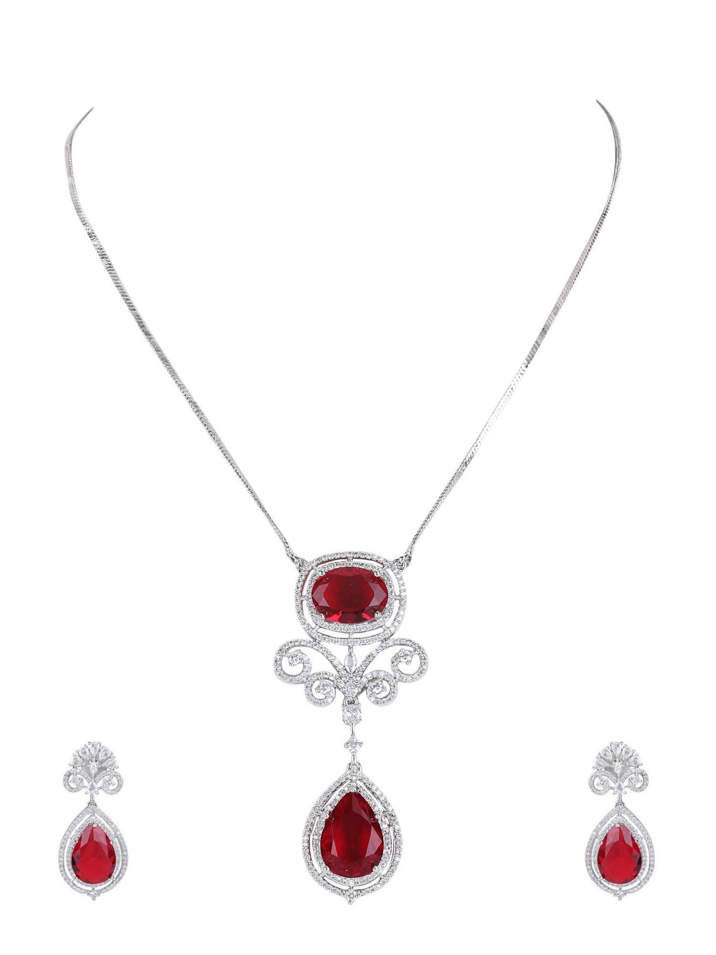 Rhodium Plated American Diamond Zircon Red Pendant Necklace set - Auraa Trends