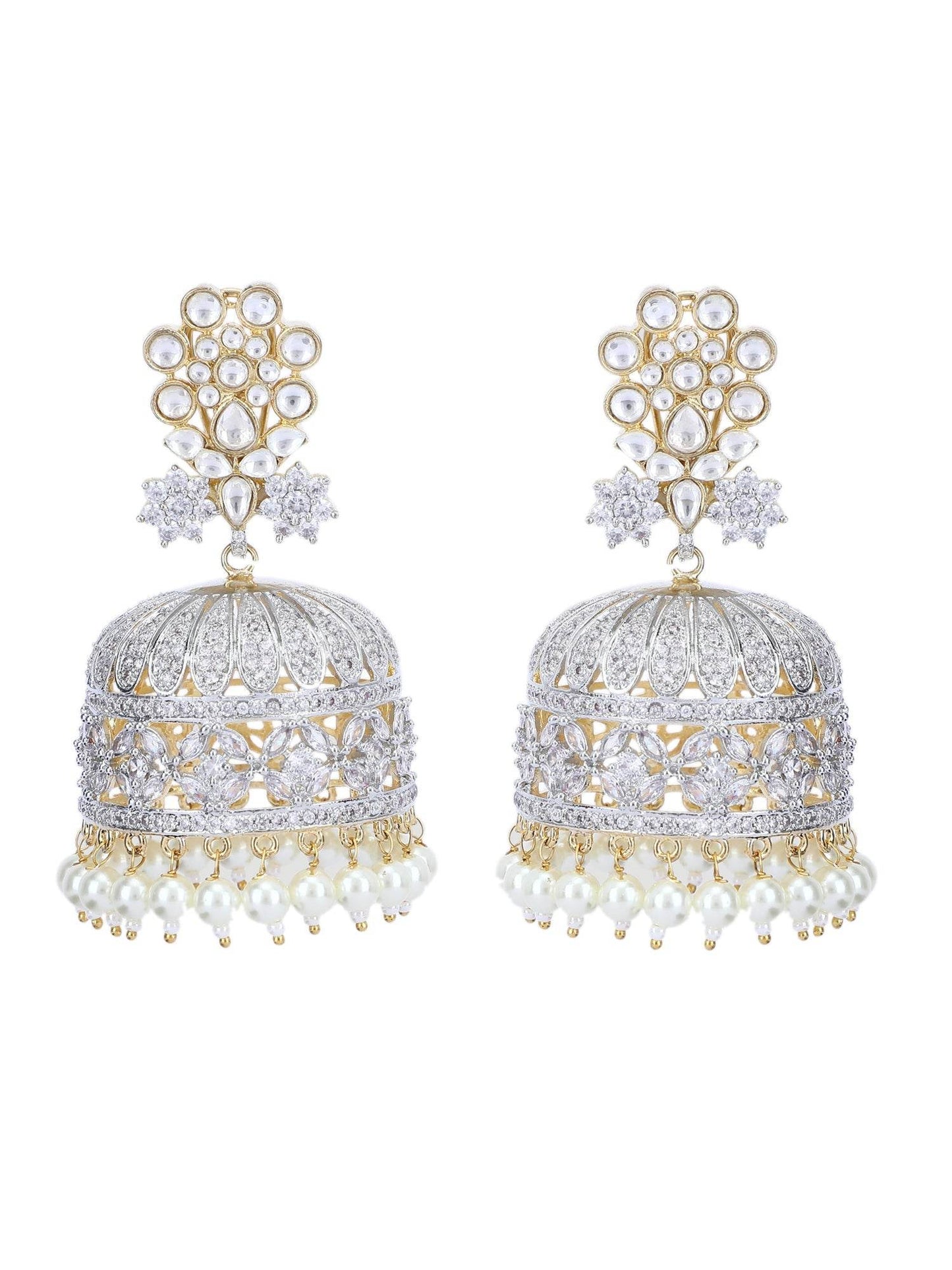 Rhodium Plated American Diamond Zircon White Jhumka Earring Set - Auraa Trends