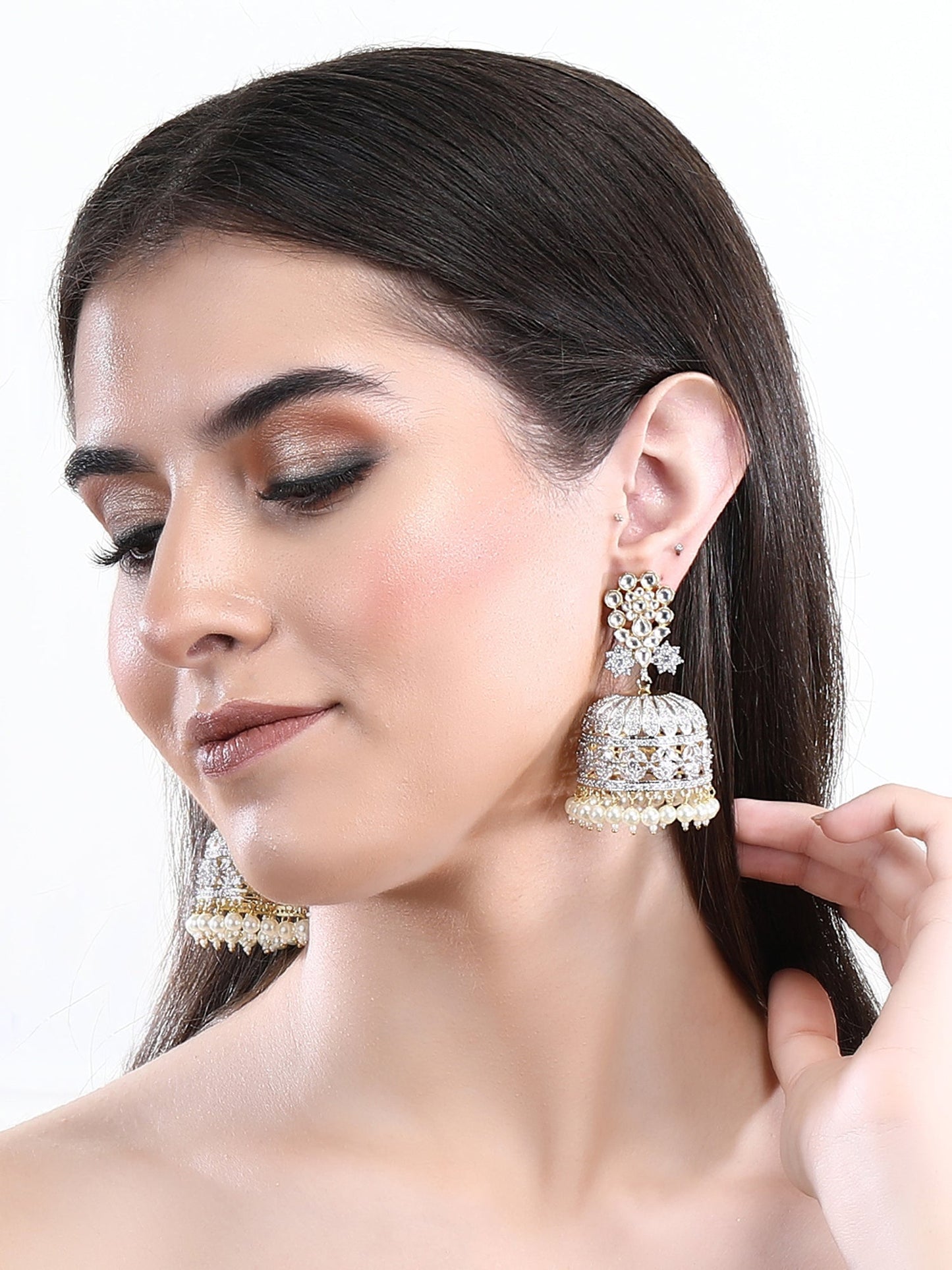 Rhodium Plated American Diamond Zircon White Jhumka Earring Set - Auraa Trends - Jhumka - Alloy American Diamond