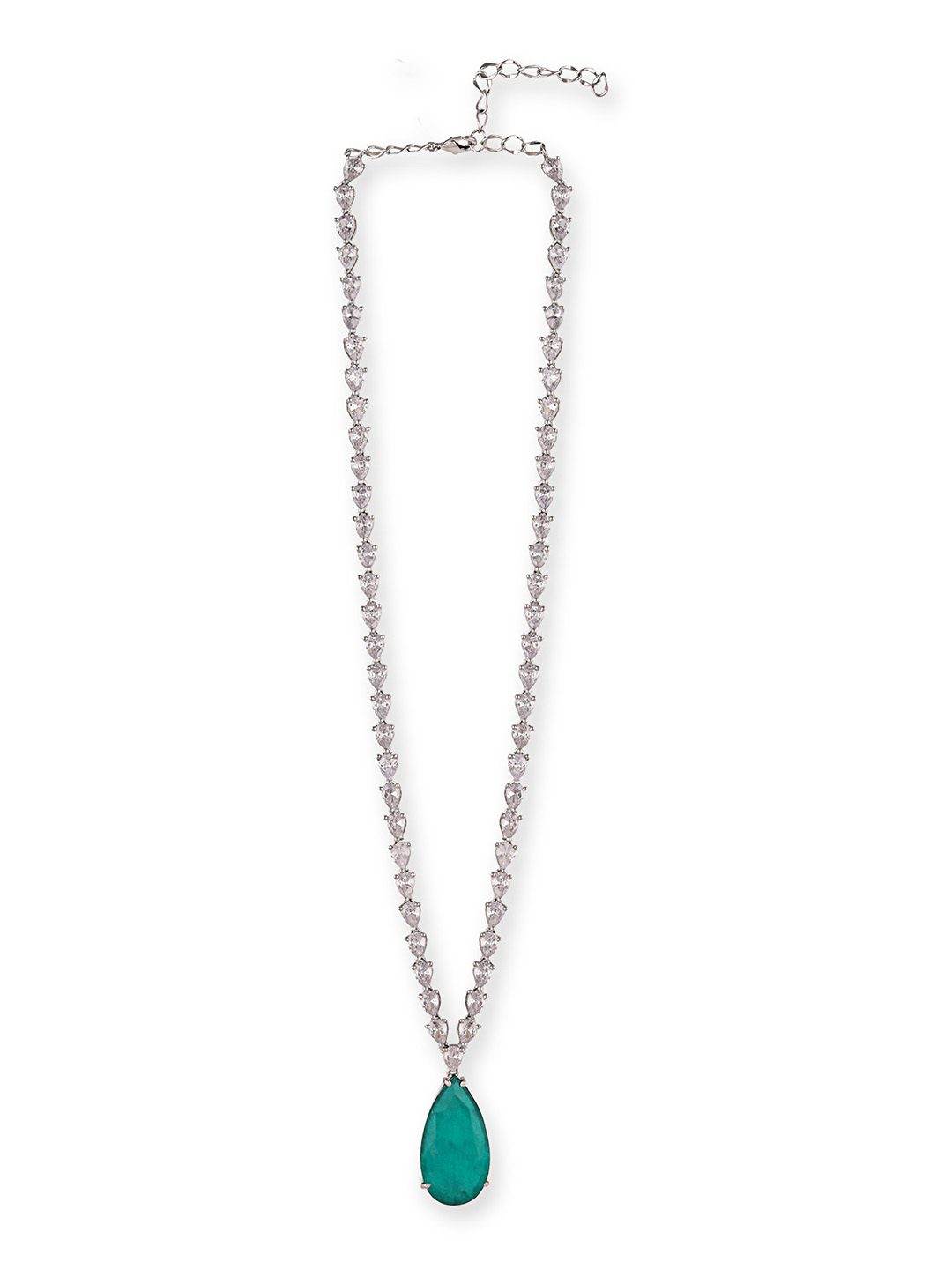 Rhodium Plated Green Stone American Diamond Pendant Necklace - Auraa Trends