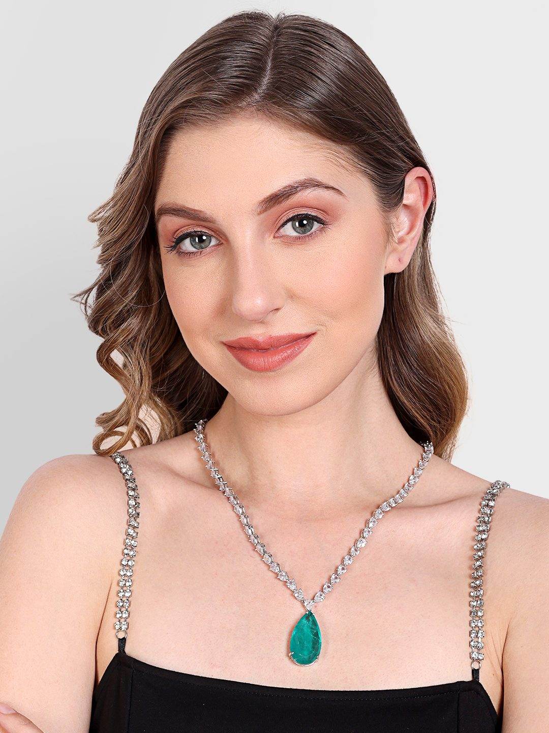 Rhodium Plated Green Stone American Diamond Pendant Necklace - Auraa Trends