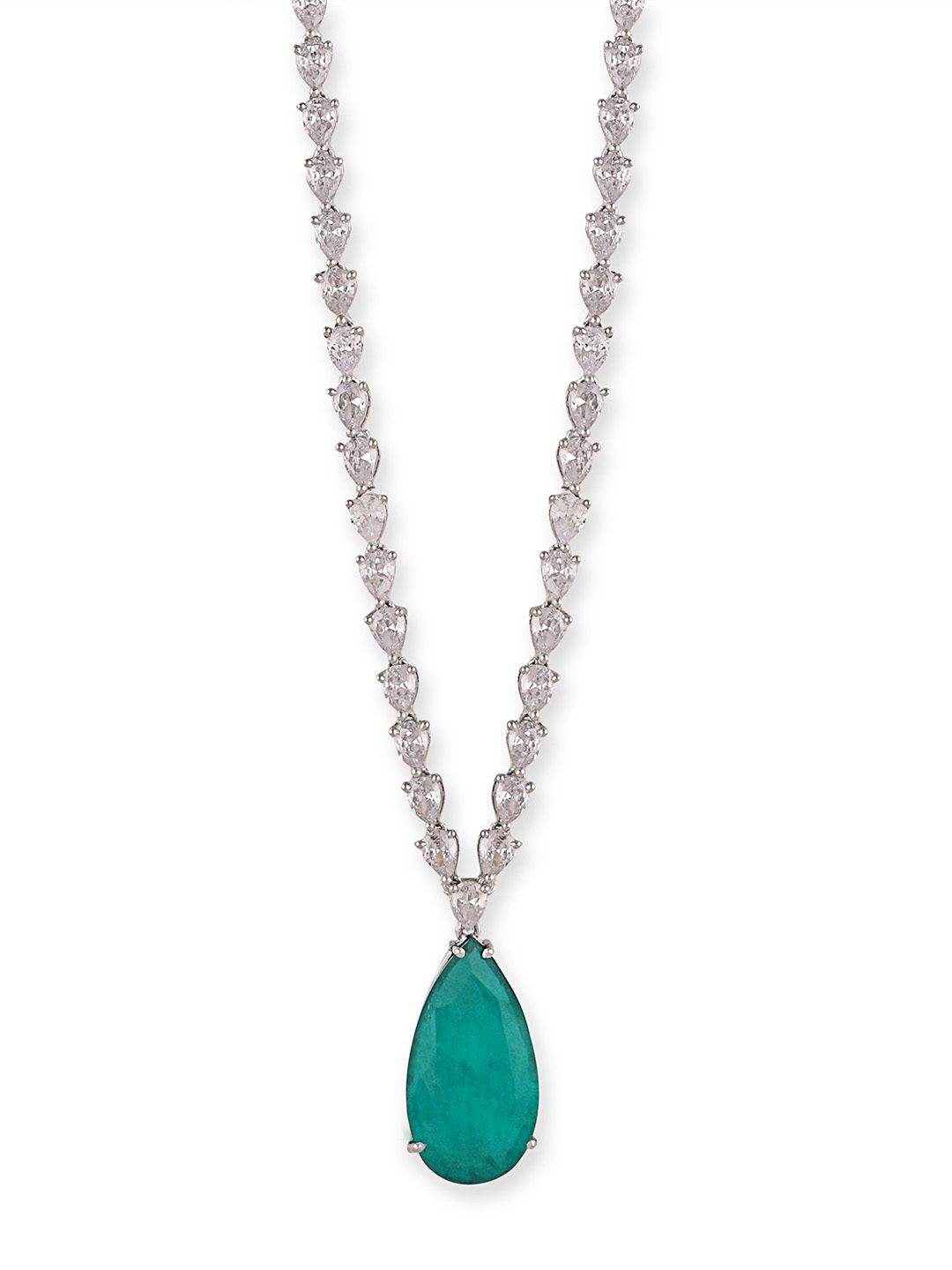 Rhodium Plated Green Stone American Diamond Pendant Necklace - Auraa Trends