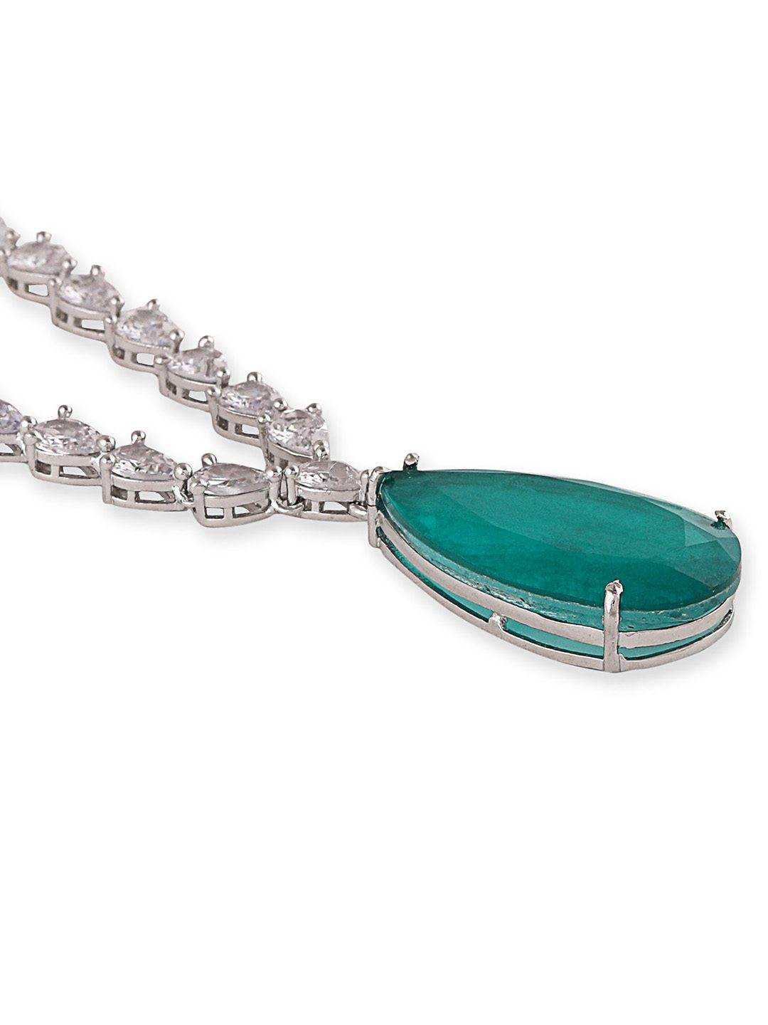 Rhodium Plated Green Stone American Diamond Pendant Necklace - Auraa Trends