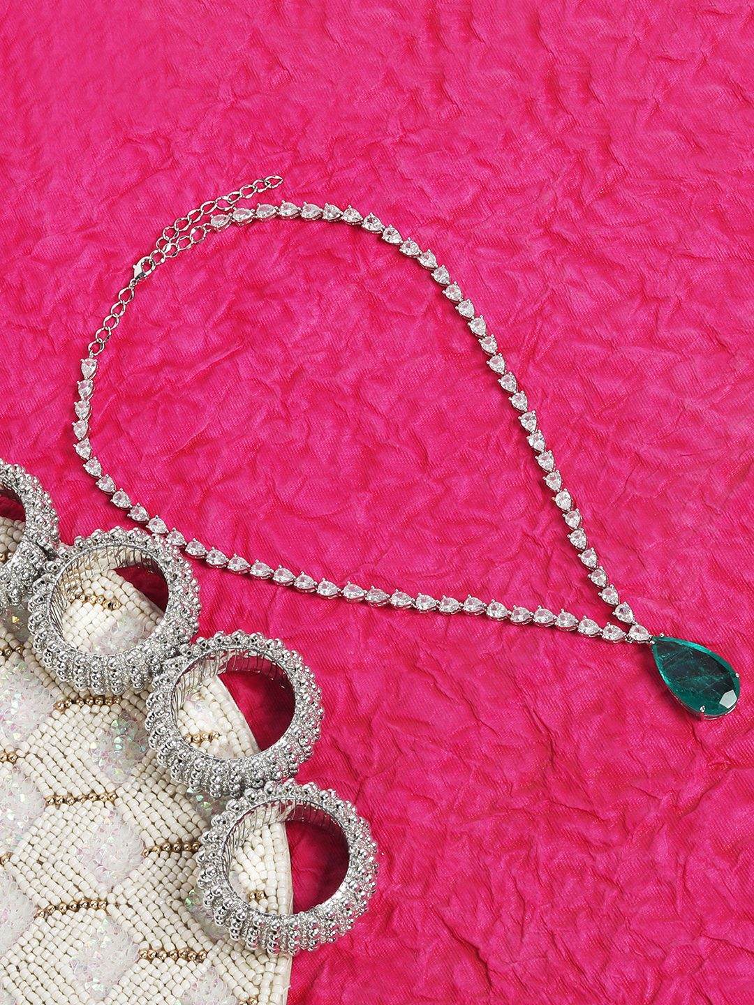 Rhodium Plated Green Stone American Diamond Pendant Necklace - Auraa Trends