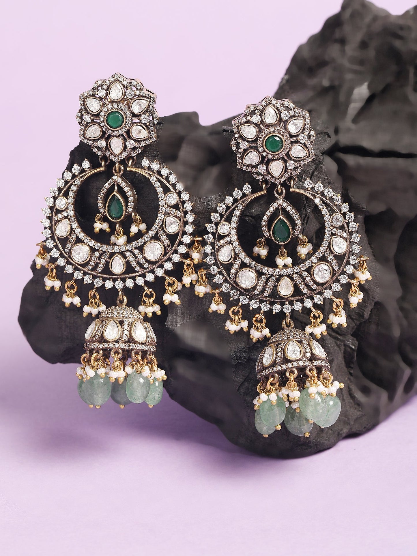 Rhodium Plated Green Stone Jhumkas - Auraa Trends - Earring Set - # - Auraa Trends - Rhodium Plated Green Stone Jhumkas