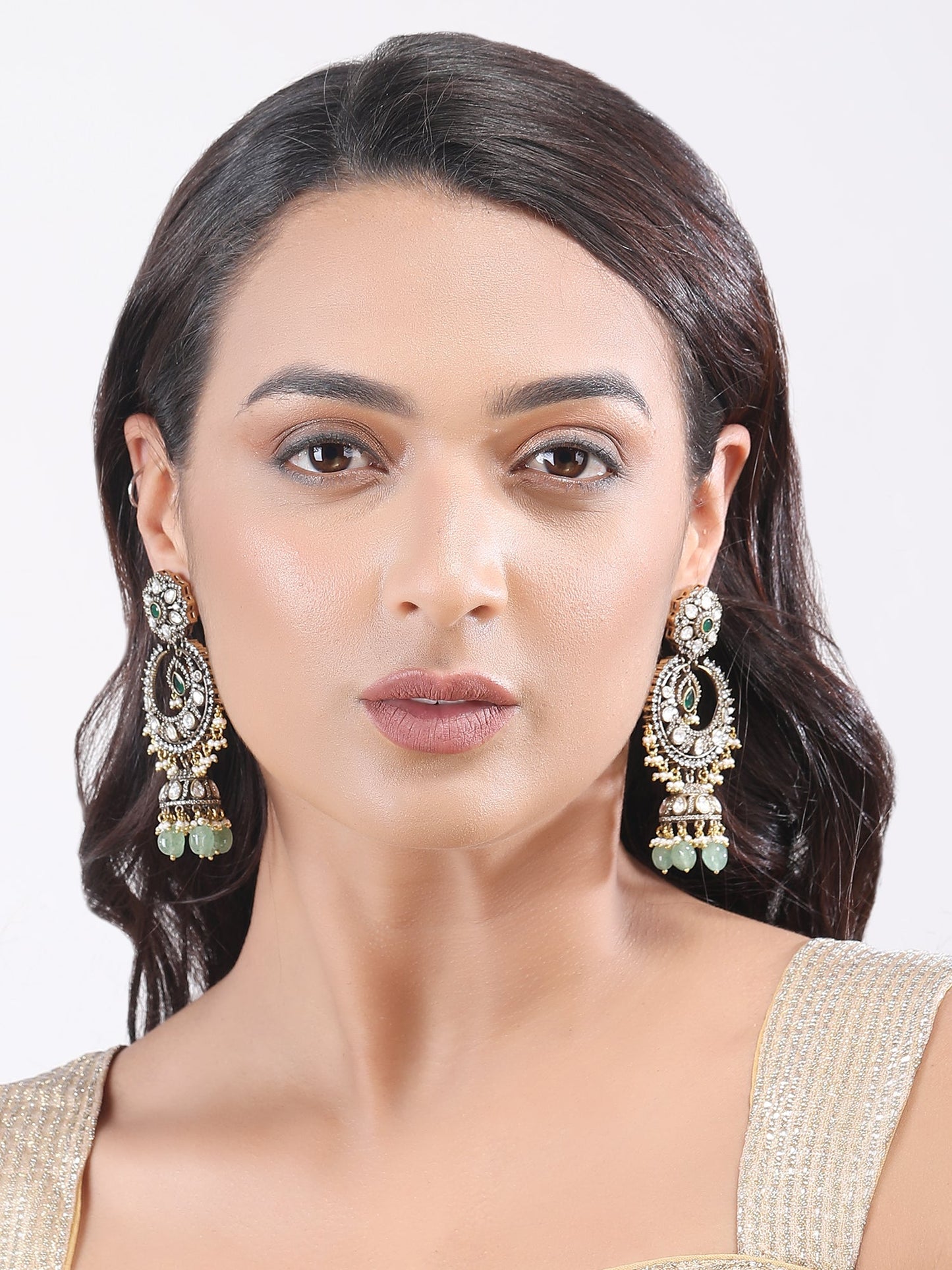 Rhodium Plated Green Stone Jhumkas - Auraa Trends - Earring Set - # - Auraa Trends - Rhodium Plated Green Stone Jhumkas