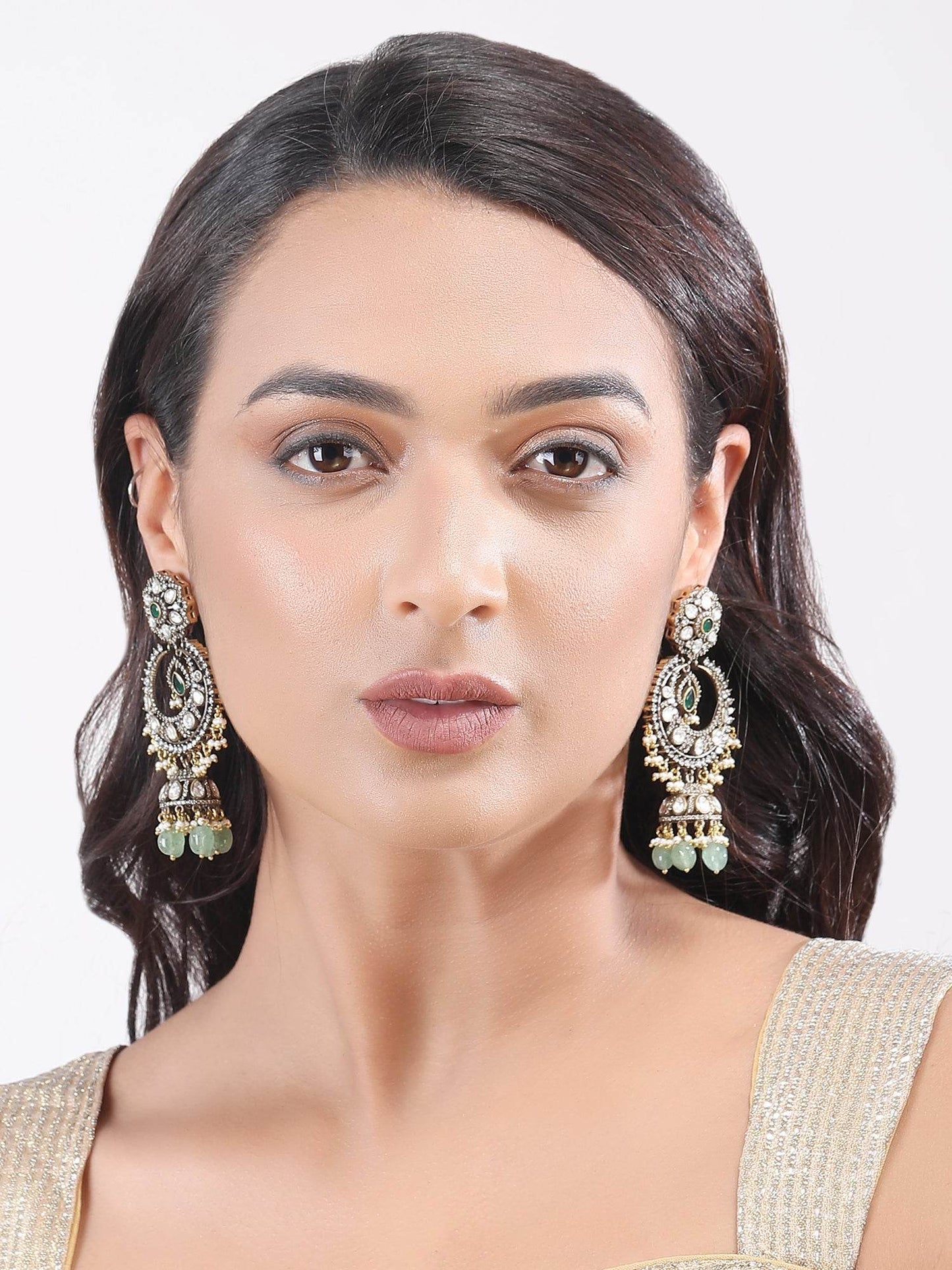 Rhodium Plated Green Stone Jhumkas - Auraa Trends
