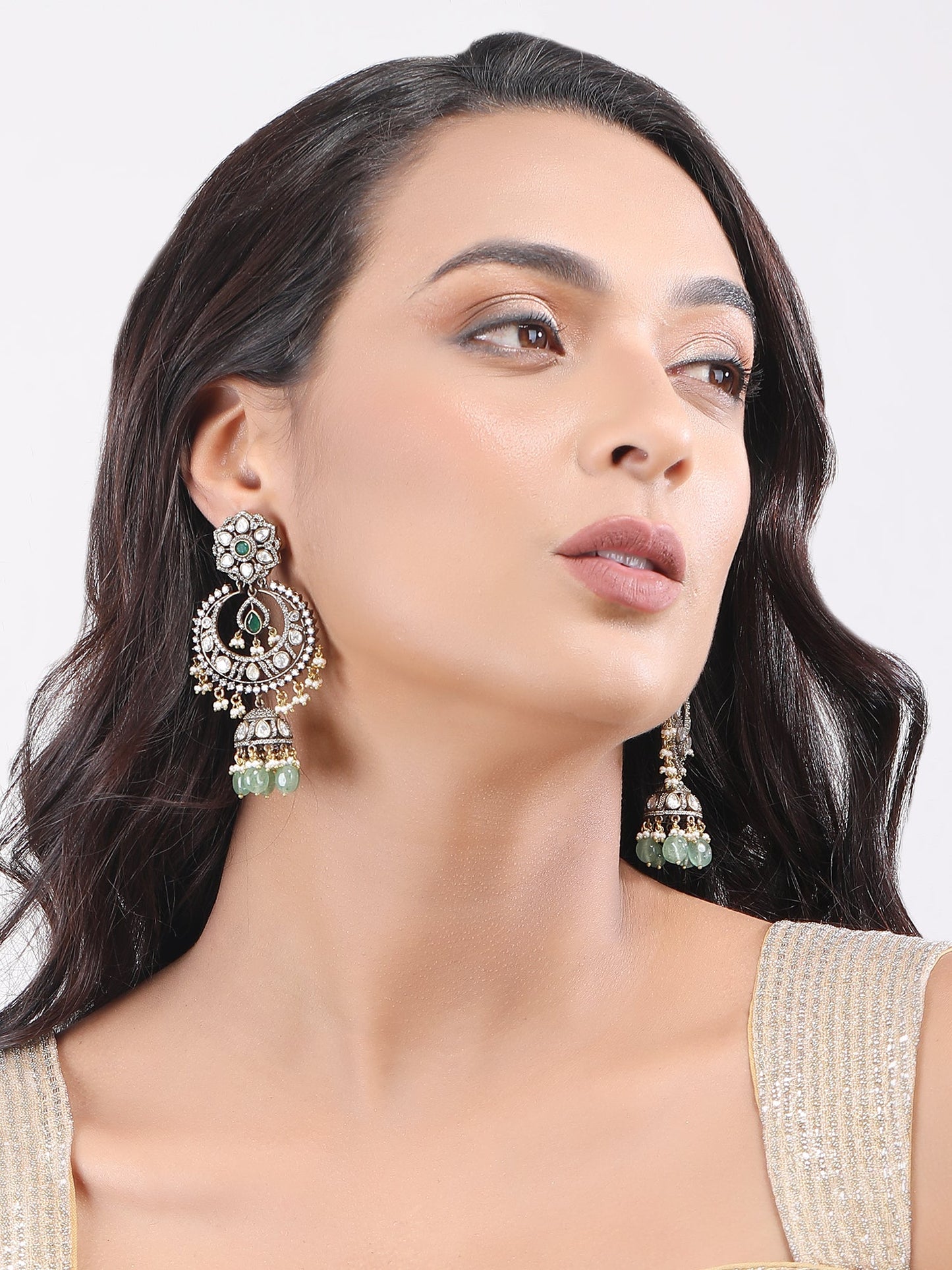 Rhodium Plated Green Stone Jhumkas - Auraa Trends - Earring Set - # - Auraa Trends - Rhodium Plated Green Stone Jhumkas