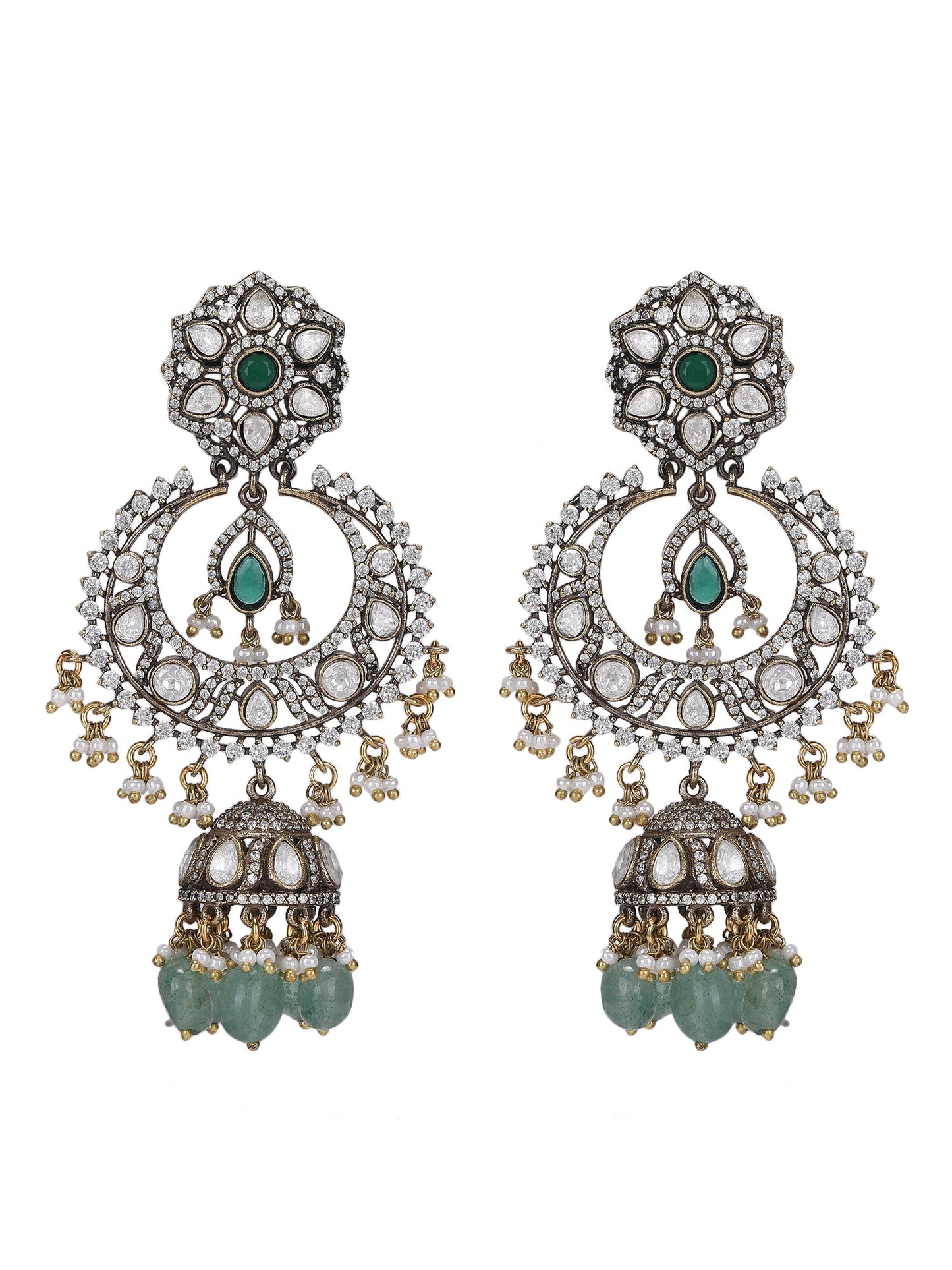 Rhodium Plated Green Stone Jhumkas - Auraa Trends - Earring Set - # - Auraa Trends - Rhodium Plated Green Stone Jhumkas