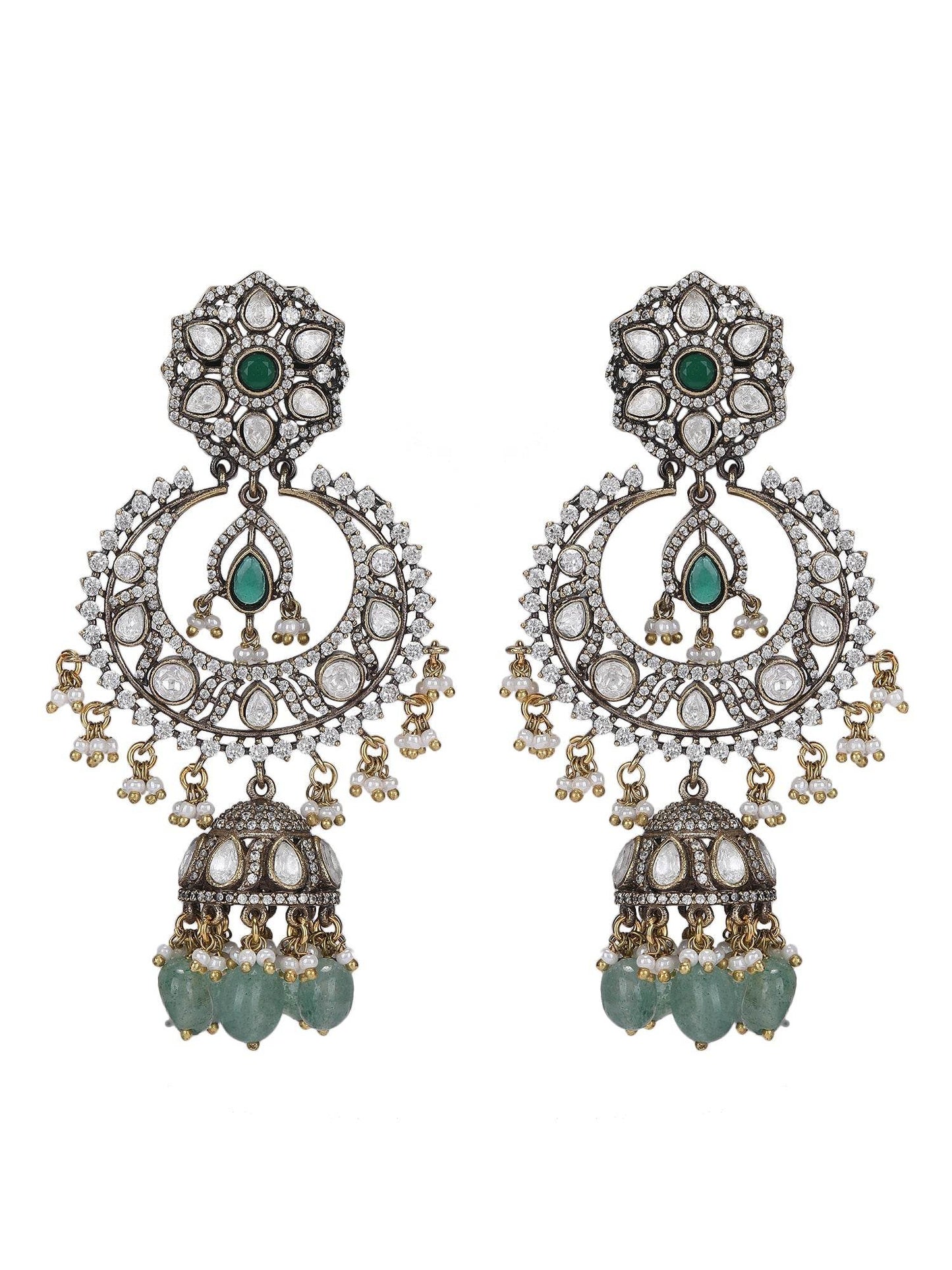 Rhodium Plated Green Stone Jhumkas - Auraa Trends