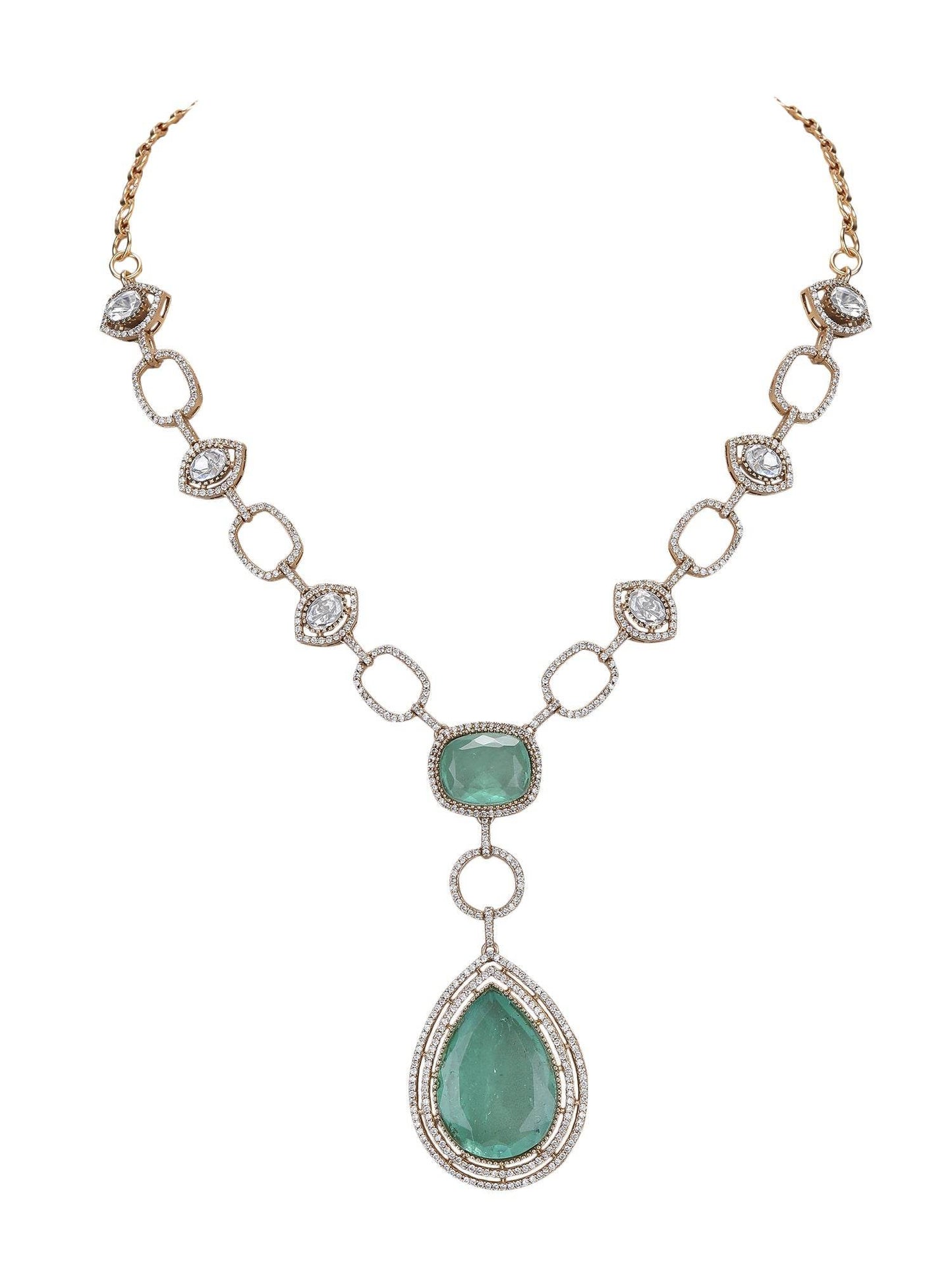 Rhodium Plated Green & White Pendant With Chain - Auraa Trends