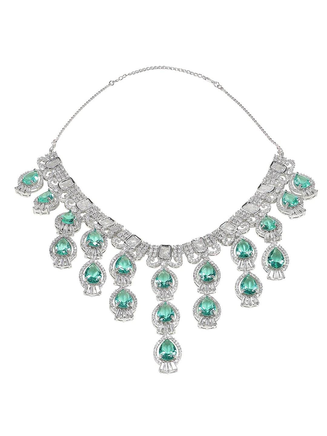 Rhodium Plated sea Green American Necklace Set For Women - Auraa Trends