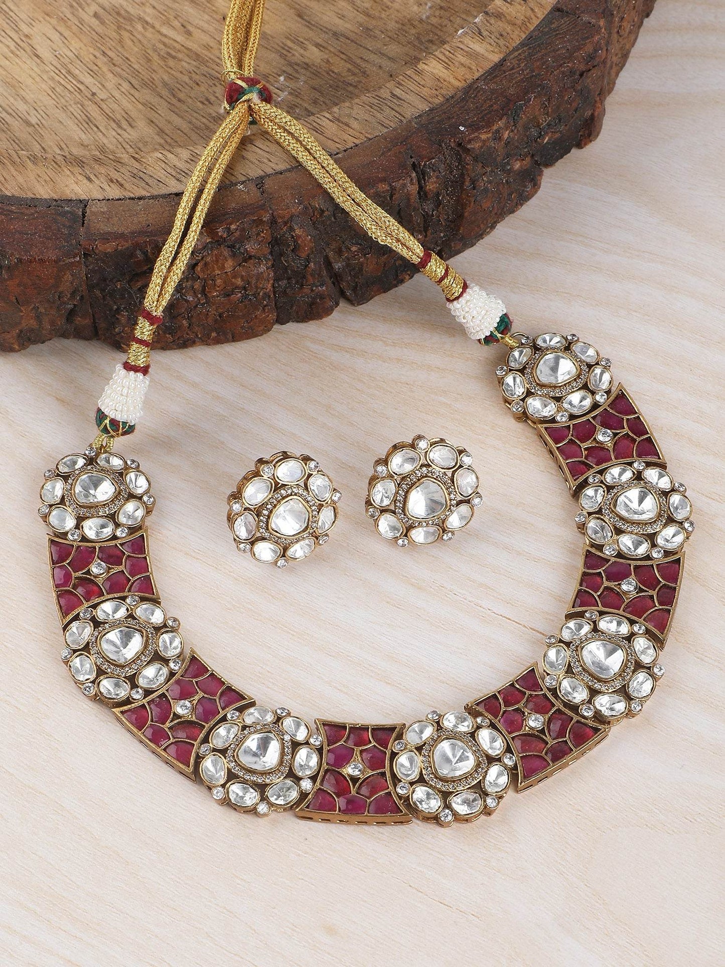 Rose Gold Contemporary Necklace Set with White Kundan & Polki Stones - Auraa Trends