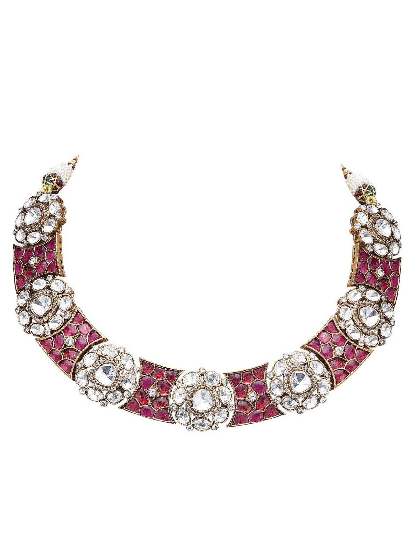 Rose Gold Contemporary Necklace Set with White Kundan & Polki Stones - Auraa Trends