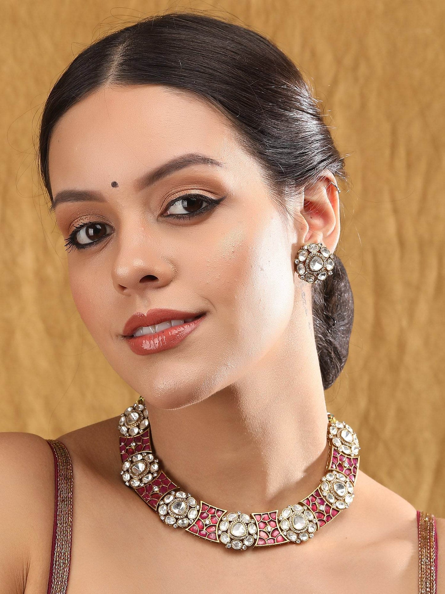 Rose Gold Contemporary Necklace Set with White Kundan & Polki Stones - Auraa Trends