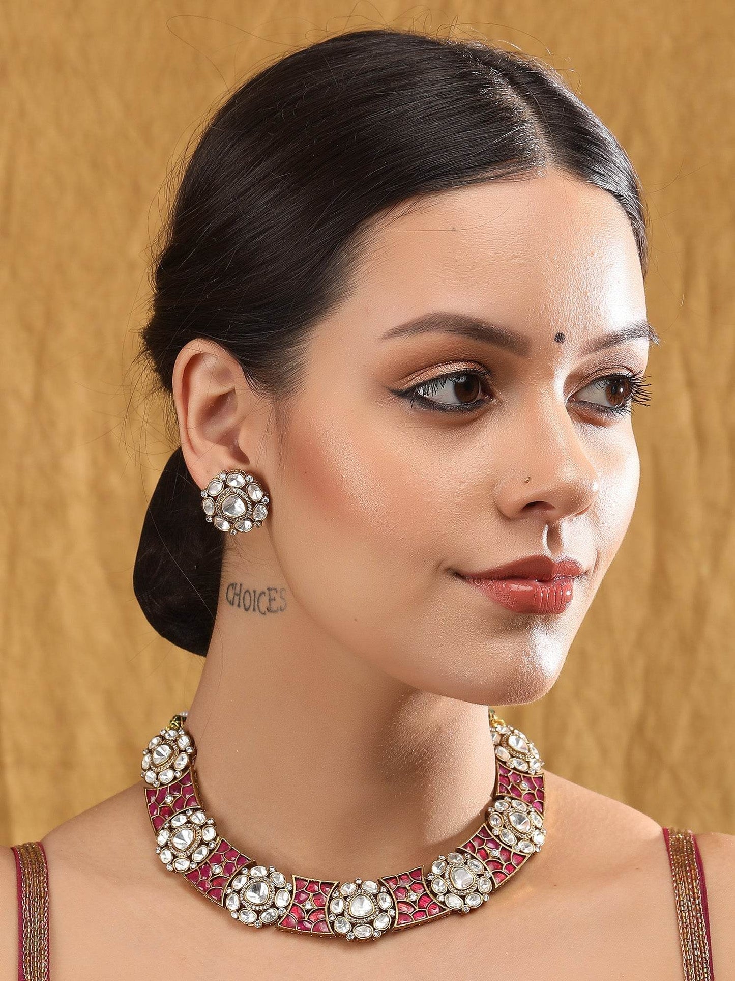 Rose Gold Contemporary Necklace Set with White Kundan & Polki Stones - Auraa Trends