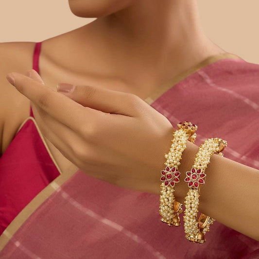 Rose Gold Finish Kundan Polki & Pearl Bangles (Set Of 2) - Auraa Trends