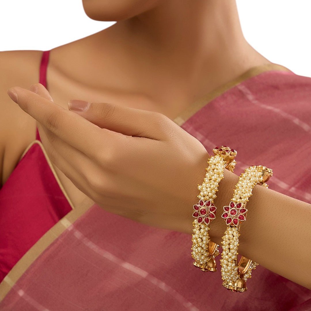 Rose Gold Finish Kundan Polki & Pearl Bangles (Set Of 2) - Auraa Trends - Bangles - # - Auraa Trends - Rose Gold Finish Kundan Polki & Pearl Bangles (Set Of 2)