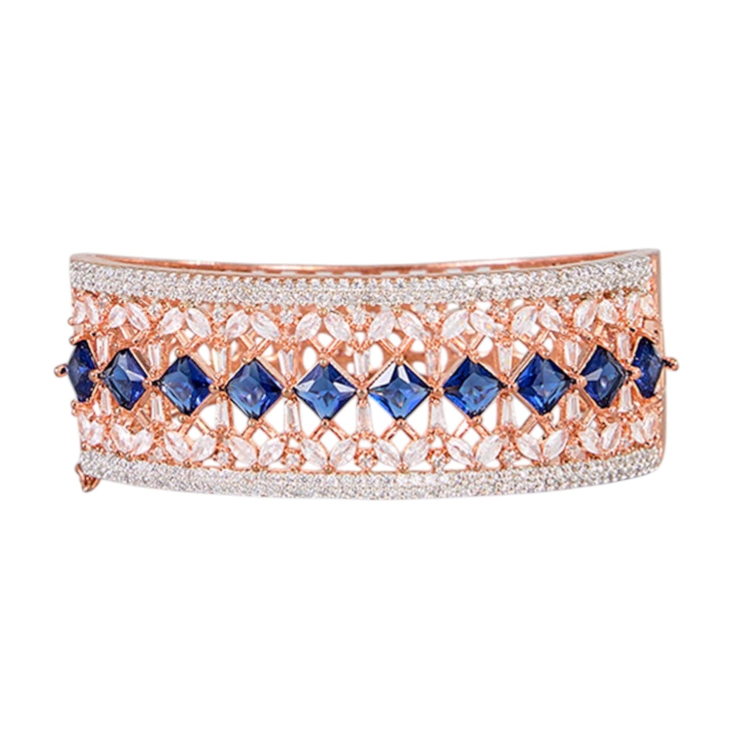 Rose Gold - Plated Designer Bangle with Blue Square Stones and Cubic Zirconia for Women - Auraa Trends - Bangles - - Auraa Trends - Elegant rose gold - plated bangle with blue square stones and CZ, ideal for festive and party wear.