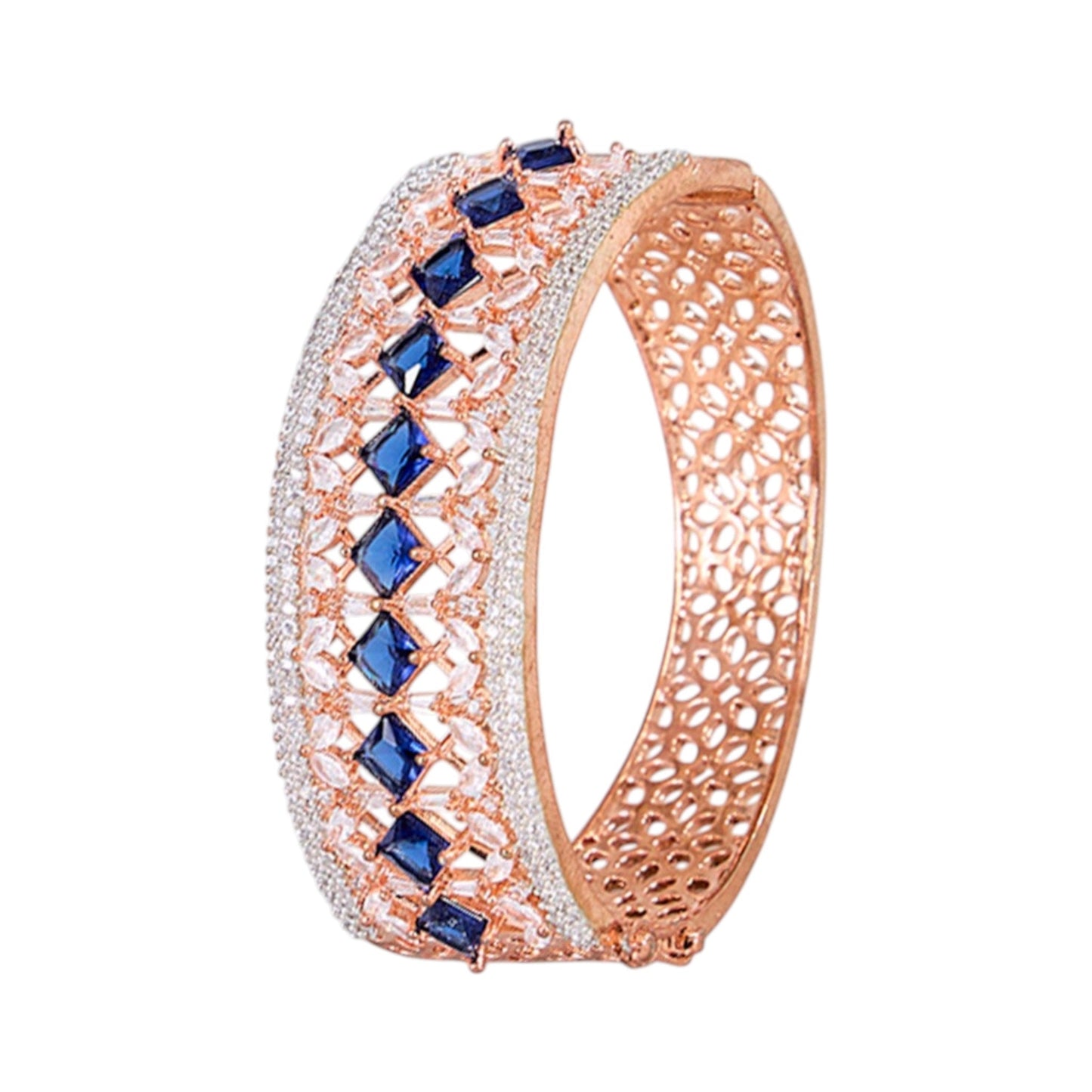 Rose Gold - Plated Designer Bangle with Blue Square Stones and Cubic Zirconia for Women - Auraa Trends - Bangles - - Auraa Trends - Elegant rose gold - plated bangle with blue square stones and CZ, ideal for festive and party wear.