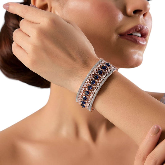 Rose Gold-Plated Designer Bangle with Blue Square Stones and Cubic Zirconia for Women - Auraa Trends