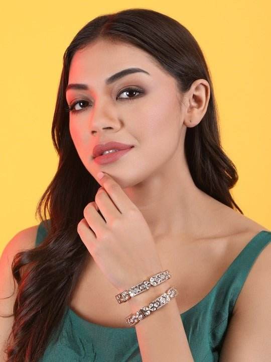 Rose Gold Plated Kundan Bangles with Clear Stones – Set of 2 - Auraa Trends