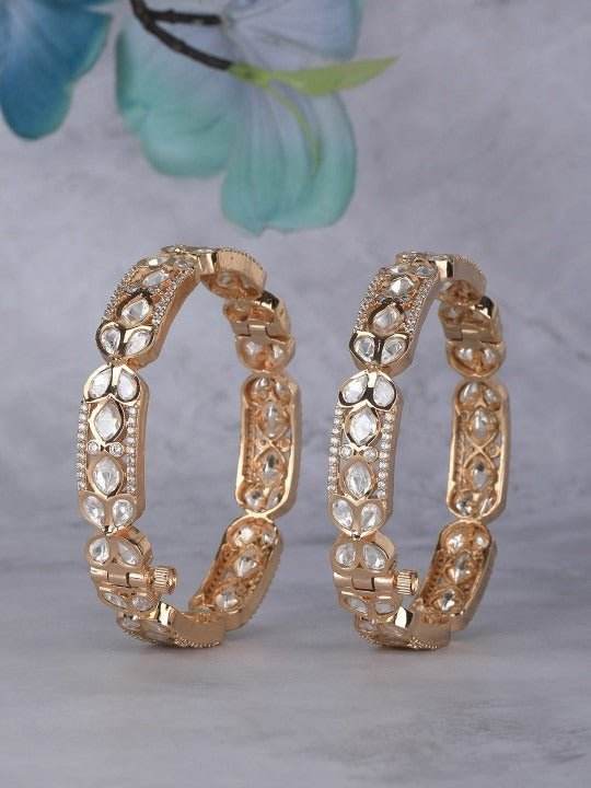 Rose Gold Plated Kundan Bangles with Clear Stones – Set of 2 - Auraa Trends