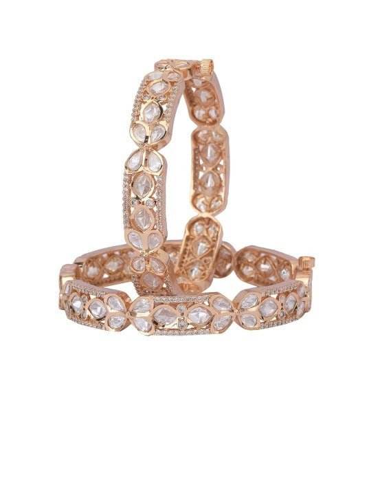 Rose Gold Plated Kundan Bangles with Clear Stones – Set of 2 - Auraa Trends
