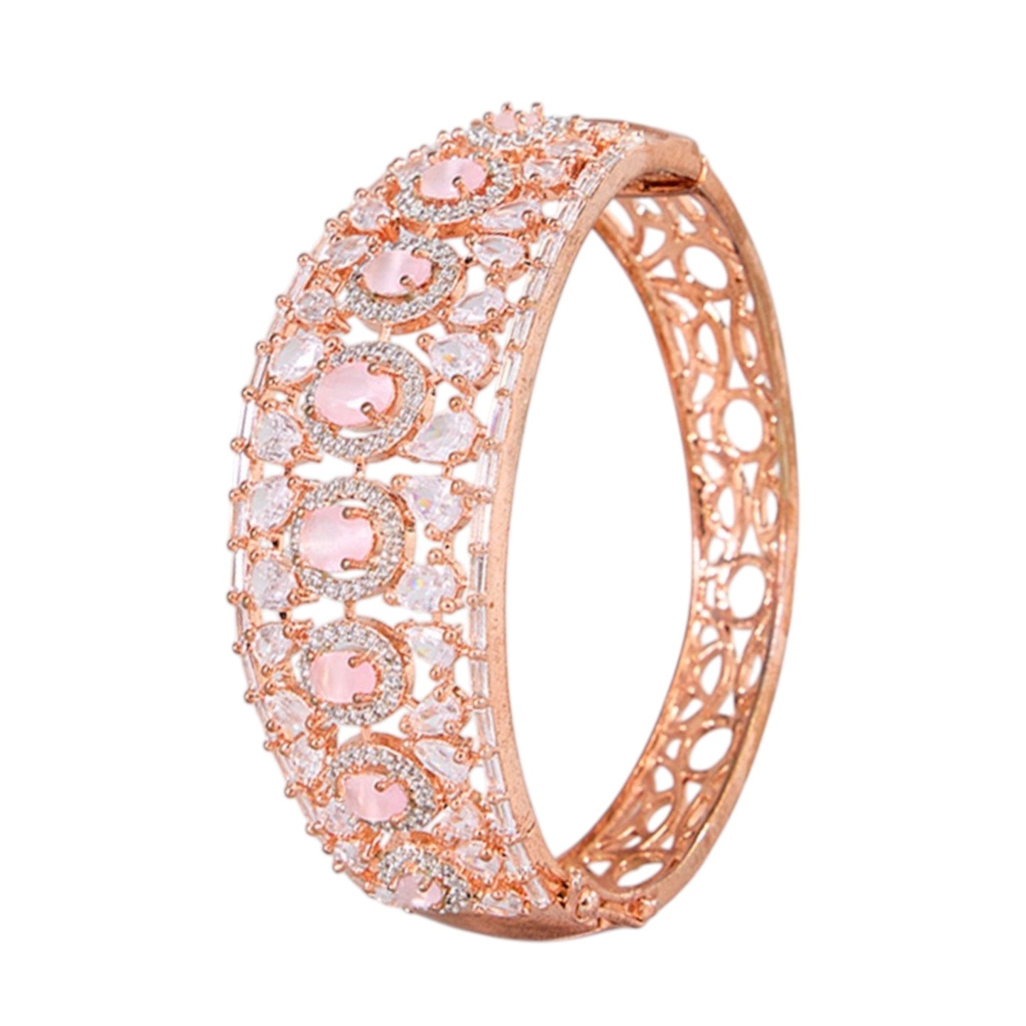 Rose Gold - Plated Pink Stone Bangle with White CZ Accents for Women - Auraa Trends - Bracelet - - Auraa Trends - Rose gold - plated designer bangle with pink oval stones and white CZ, ideal for festive and bridal wear.