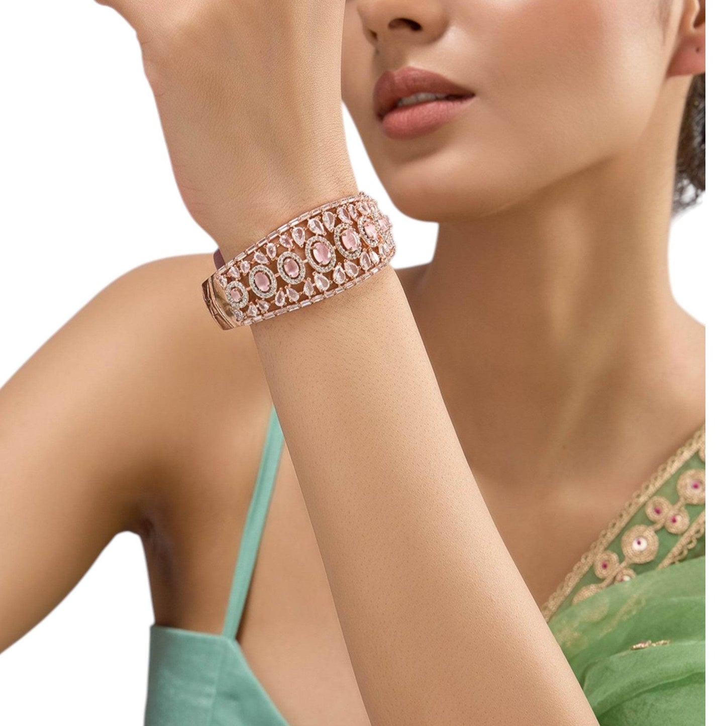 Rose Gold-Plated Pink Stone Bangle with White CZ Accents for Women - Auraa Trends