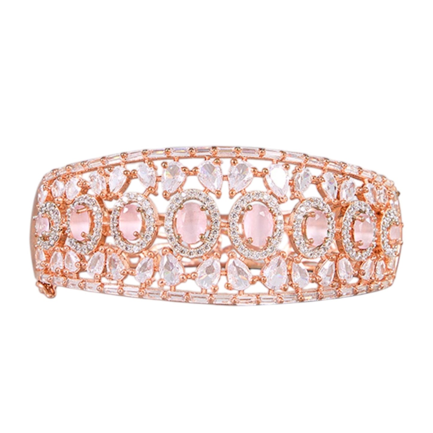 Rose Gold - Plated Pink Stone Bangle with White CZ Accents for Women - Auraa Trends - Bracelet - - Auraa Trends - Rose gold - plated designer bangle with pink oval stones and white CZ, ideal for festive and bridal wear.