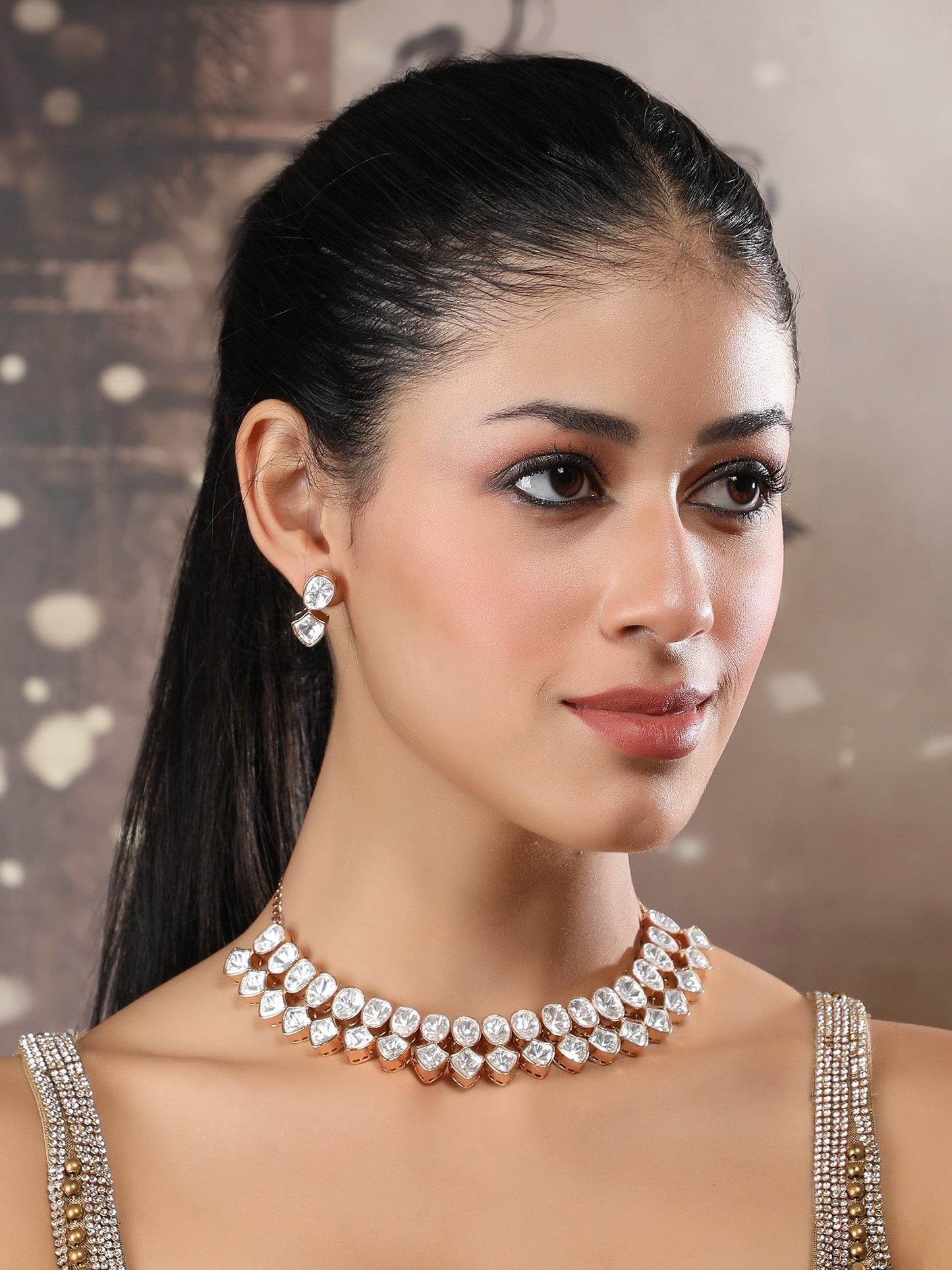 Rose Gold Solitaire Choker Set with Stud Earrings - Auraa Trends