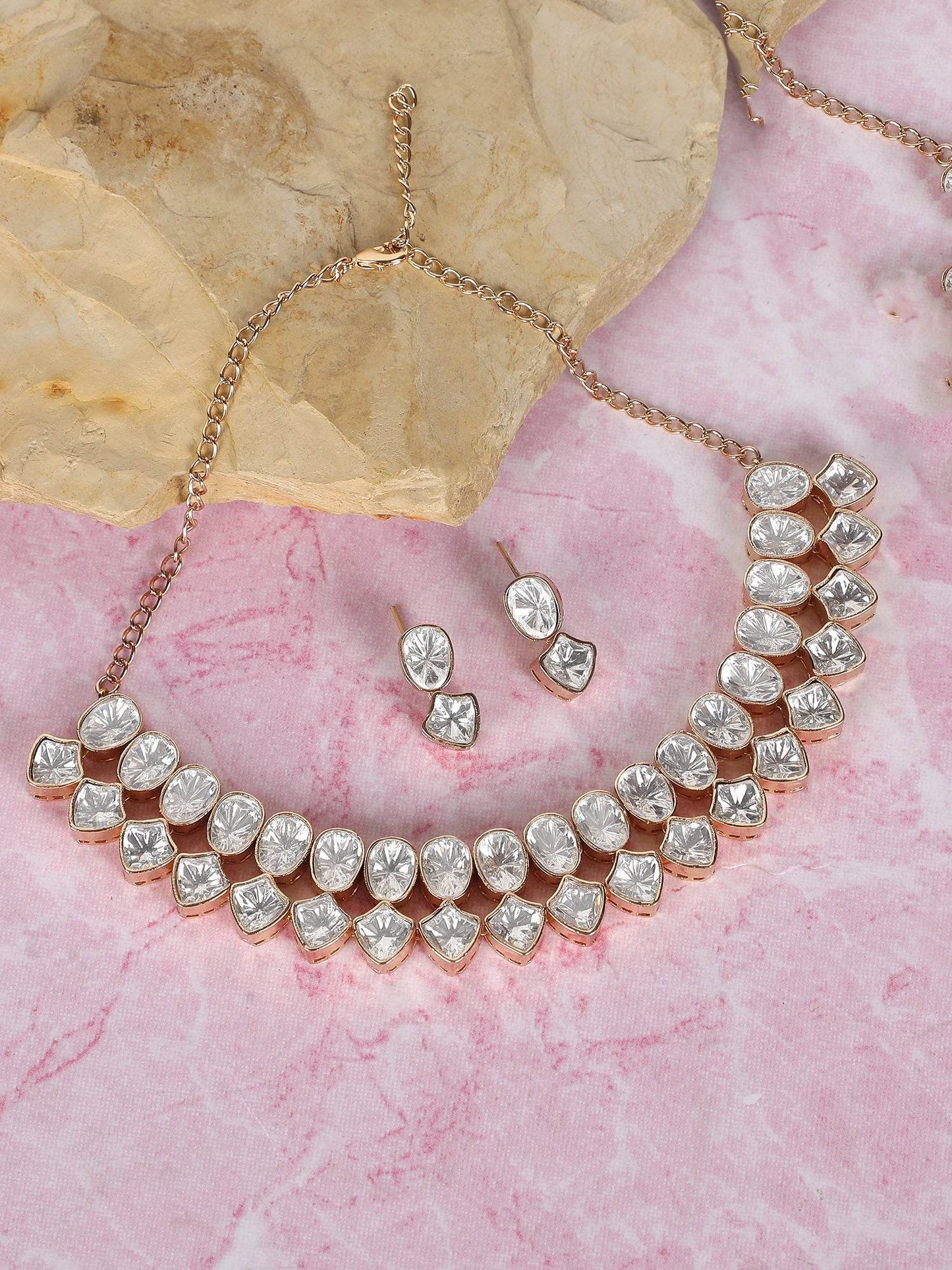 Rose Gold Solitaire Choker Set with Stud Earrings - Auraa Trends