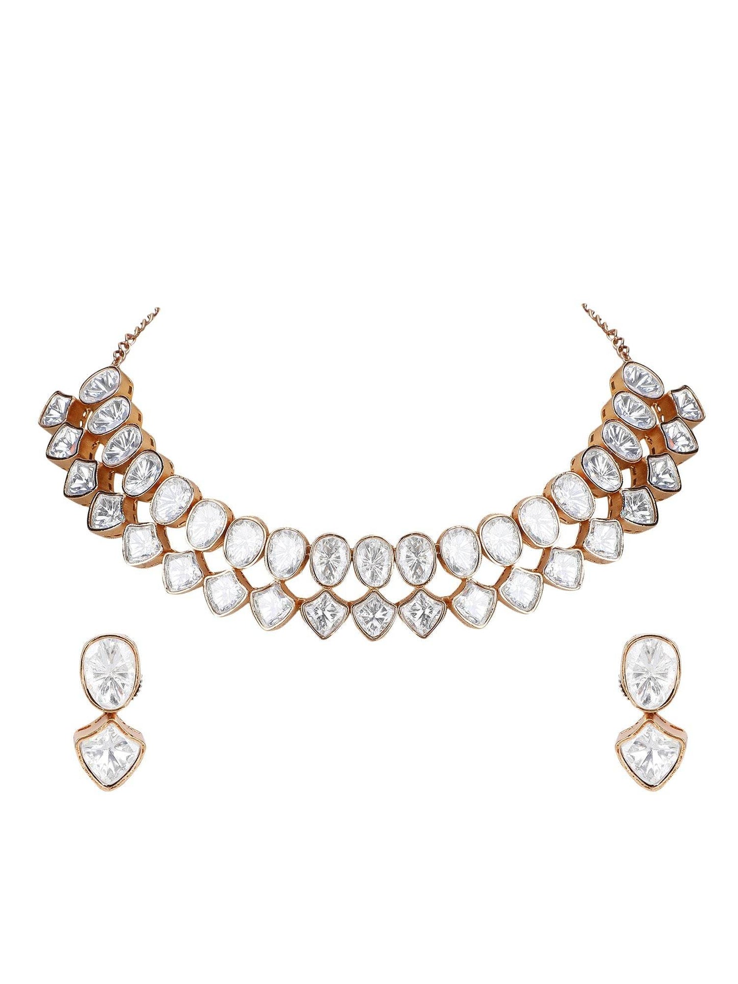 Rose Gold Solitaire Choker Set with Stud Earrings - Auraa Trends